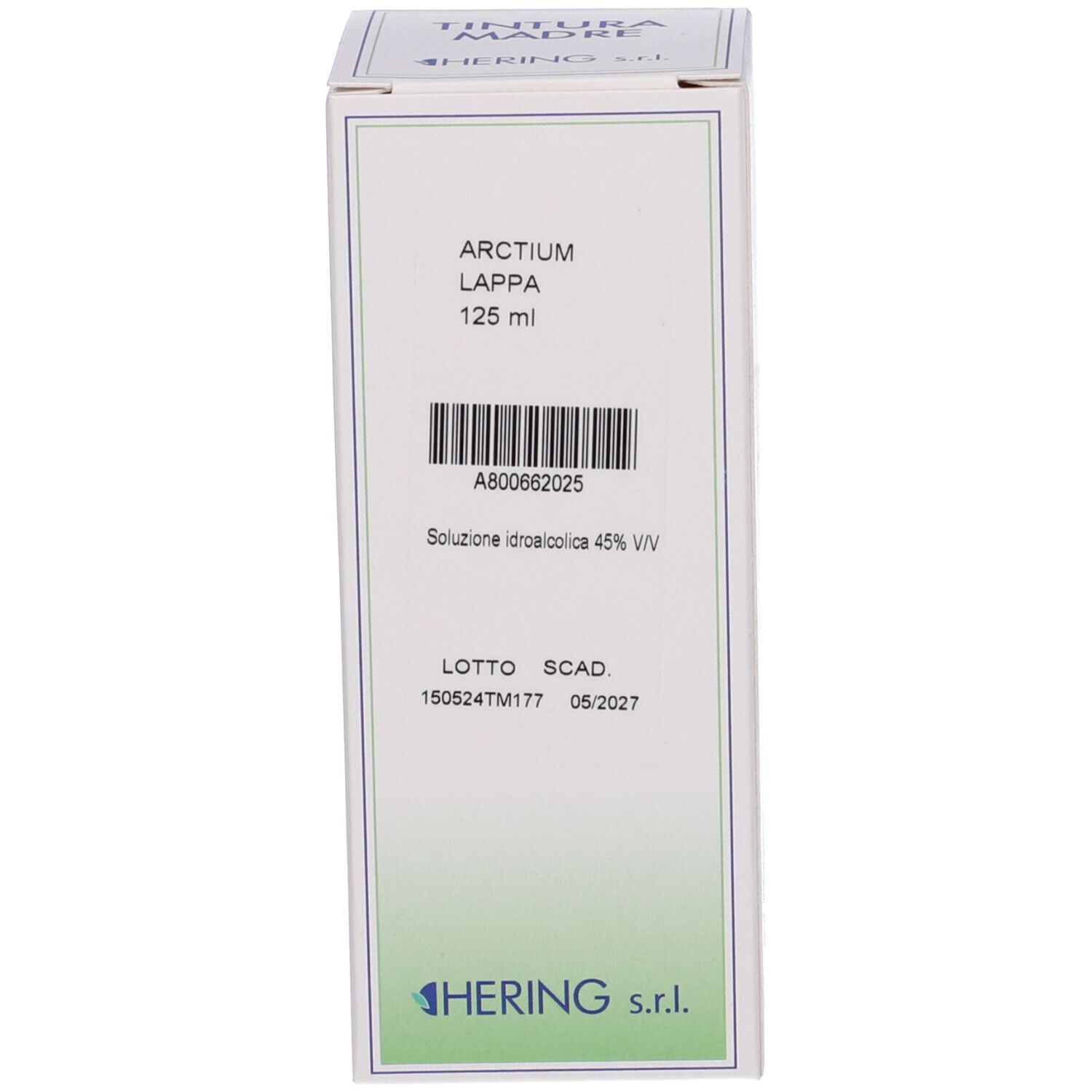 Scatola con informazioni sul prodotto. Testo: Arctium Lappa, 125 ml. Logo HERING visibile. Codice a barre e data di scadenza.