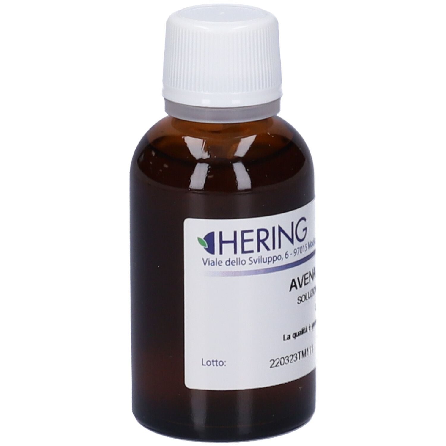 Flacone di vetro marrone con tappo bianco ed etichetta. Scritta: HERING, Avena Sativa, Soluzione Idroalcolica.
