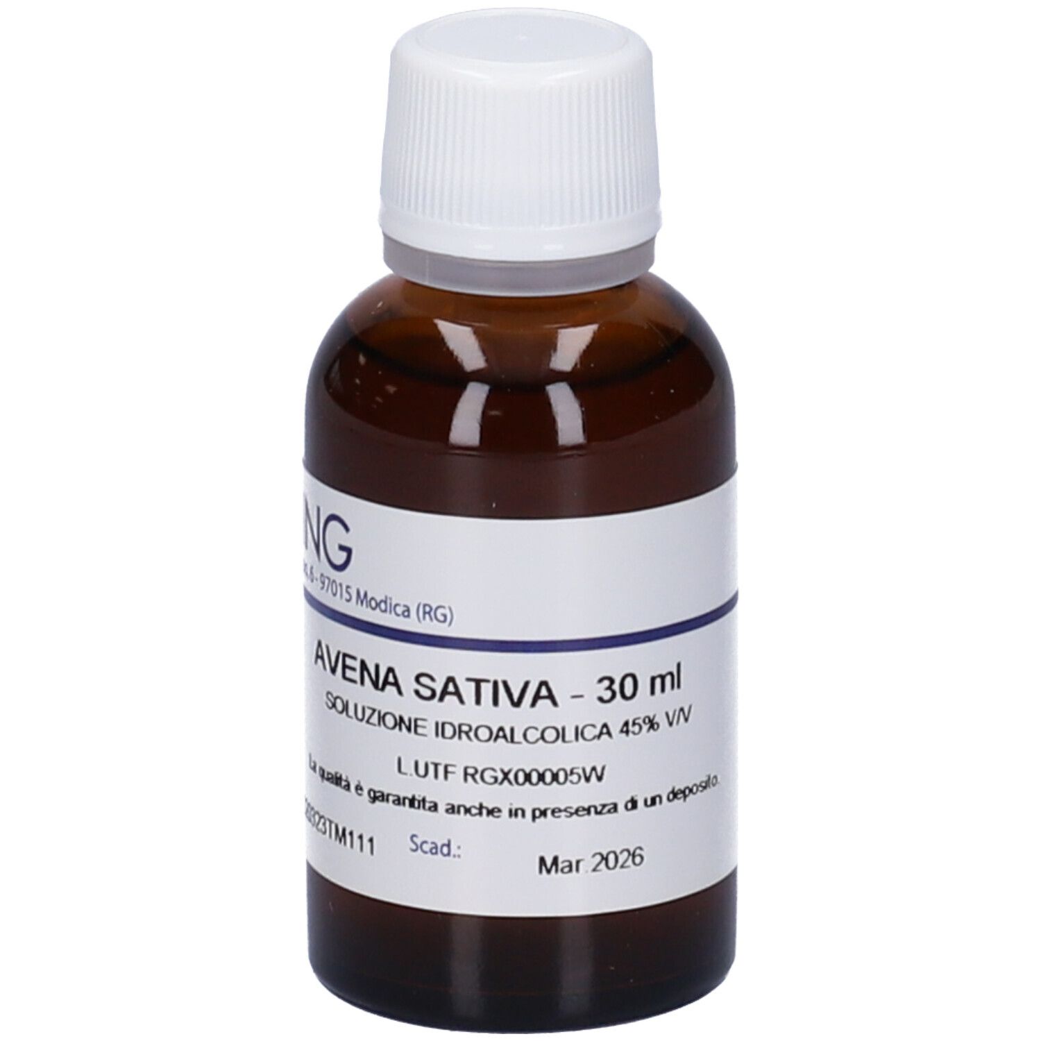 Flacone di vetro marrone con tappo bianco ed etichetta. Scritta: Avena Sativa - 30 ml, Soluzione Idroalcolica 45% Vol.