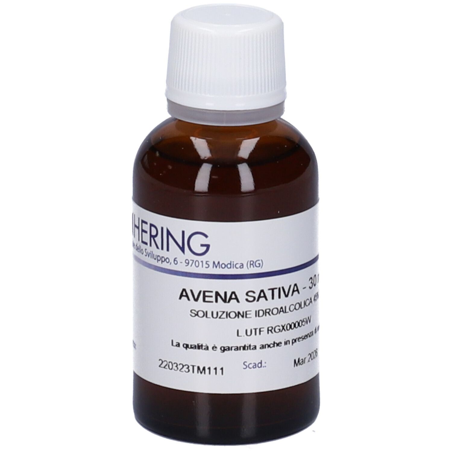 Flacone di vetro marrone con tappo bianco ed etichetta. Scritta: Avena Sativa - 30 ml, Soluzione Idroalcolica 45% Vol.