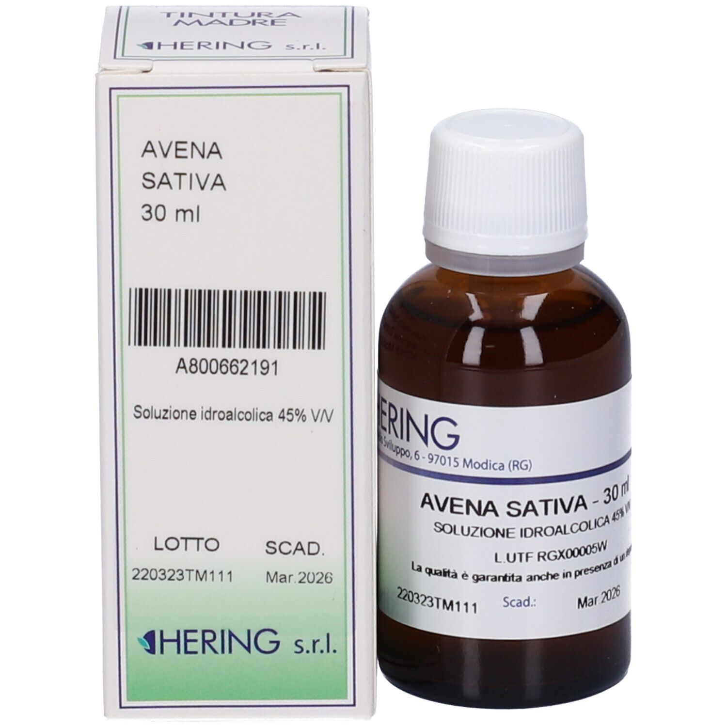 Confezione e flacone. Confezione: bianca, testo: Avena Sativa 30 ml, HERING. Flacone: marrone, tappo bianco, etichetta.