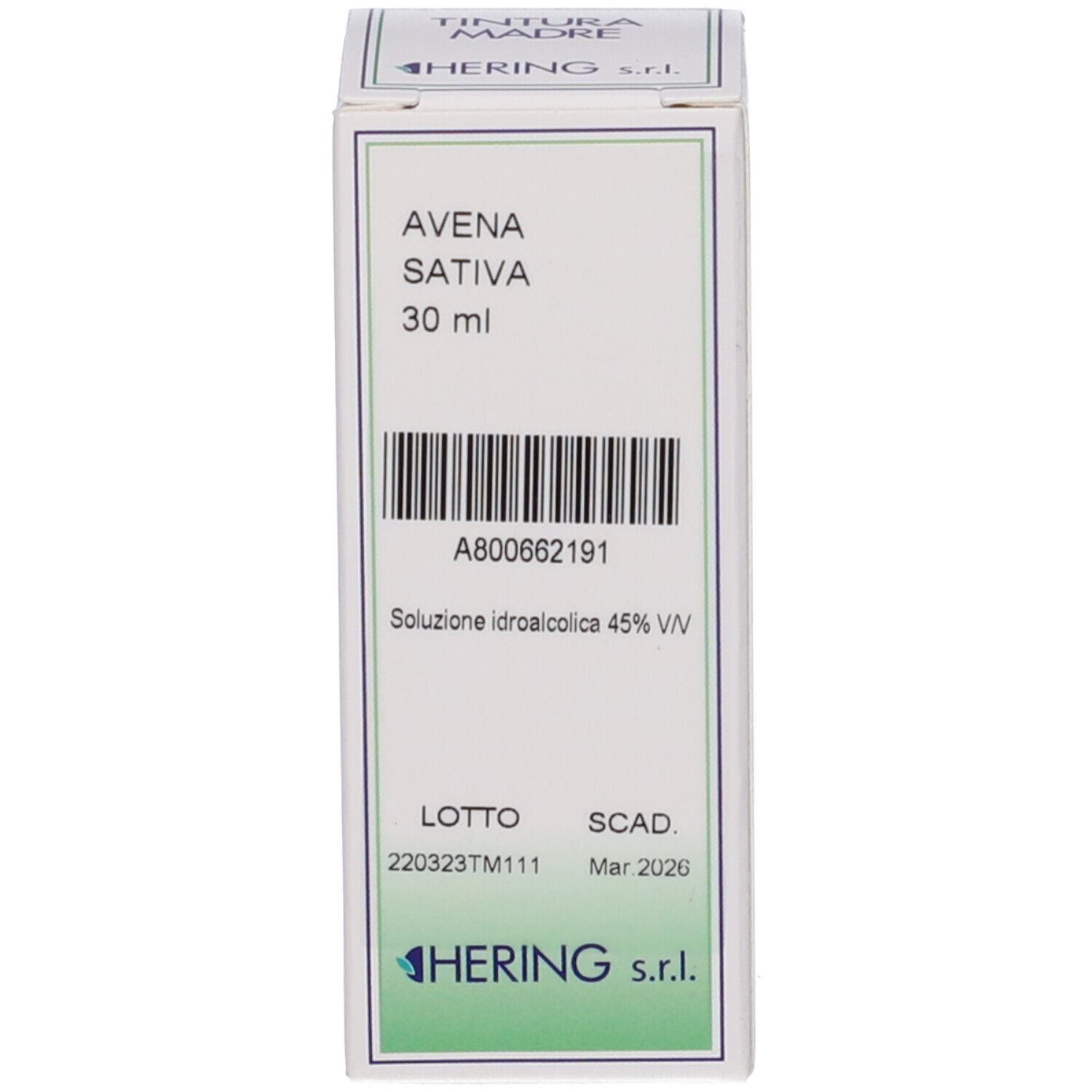 Confezione bianca. Testo: Avena Sativa 30 ml, HERING. Codice a barre, lotto e data di scadenza.