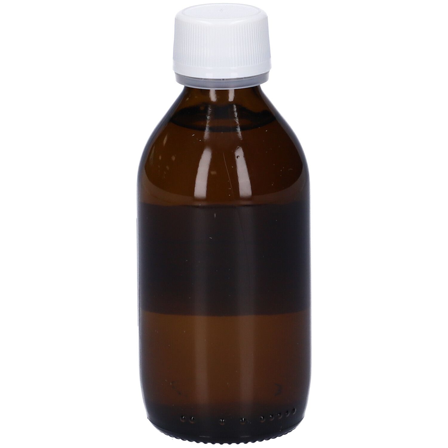 Flacone di vetro marrone con tappo bianco. Liquido visibile. Marchio: Hering. Etichetta con informazioni prodotto.