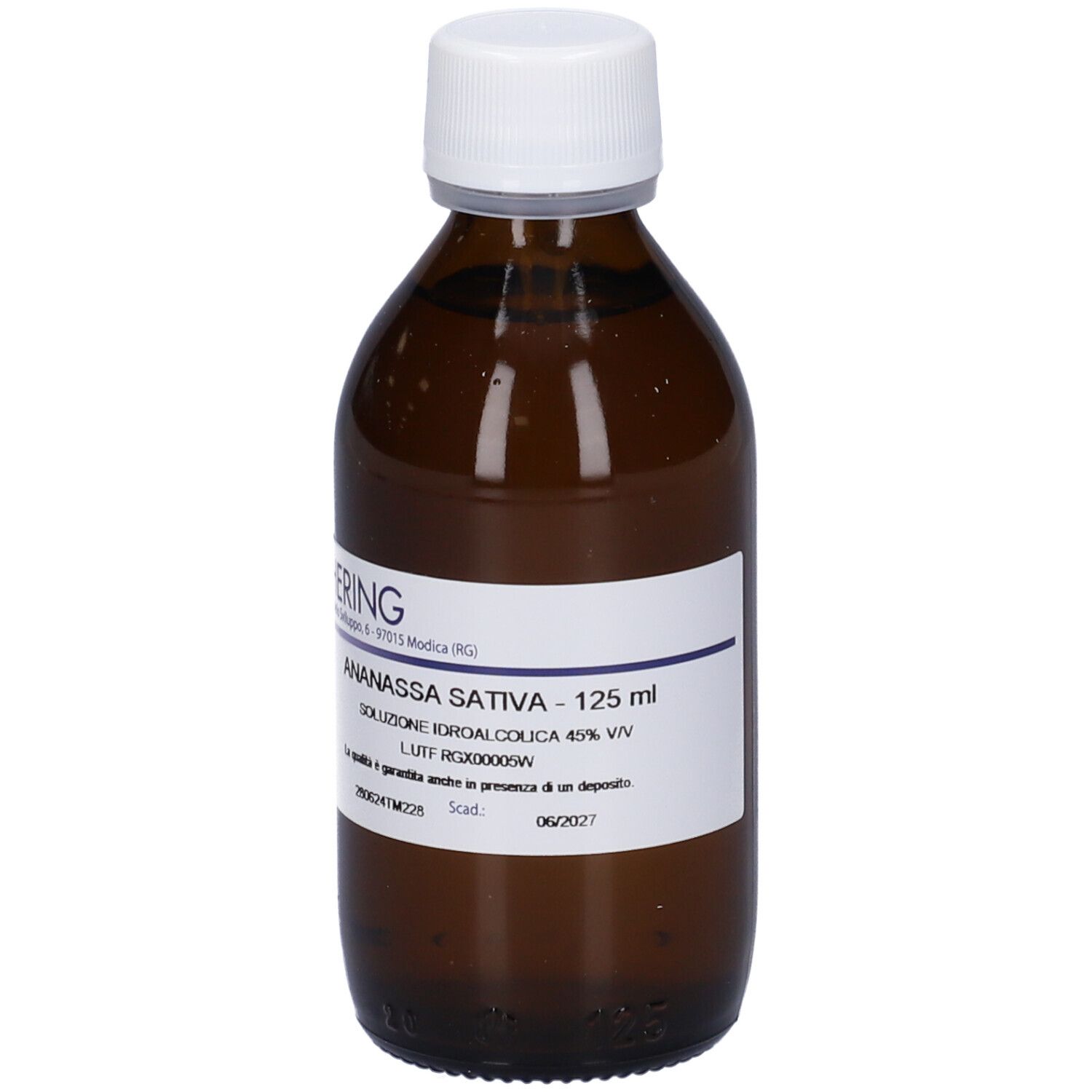 Flacone di vetro marrone con tappo bianco ed etichetta. Scritta: Ananassa Sativa - 125 ml. Marchio: Hering.