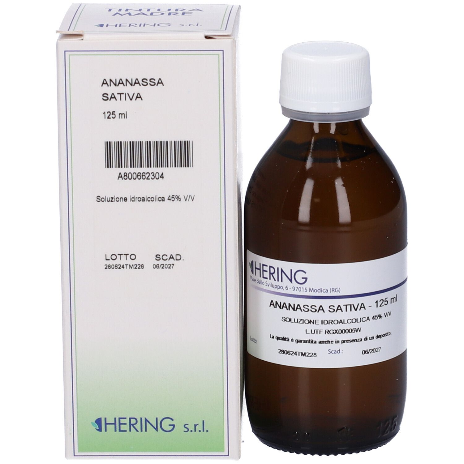 Confezione e flacone del prodotto. Scatola con nome e informazioni. Flacone marrone con tappo bianco.