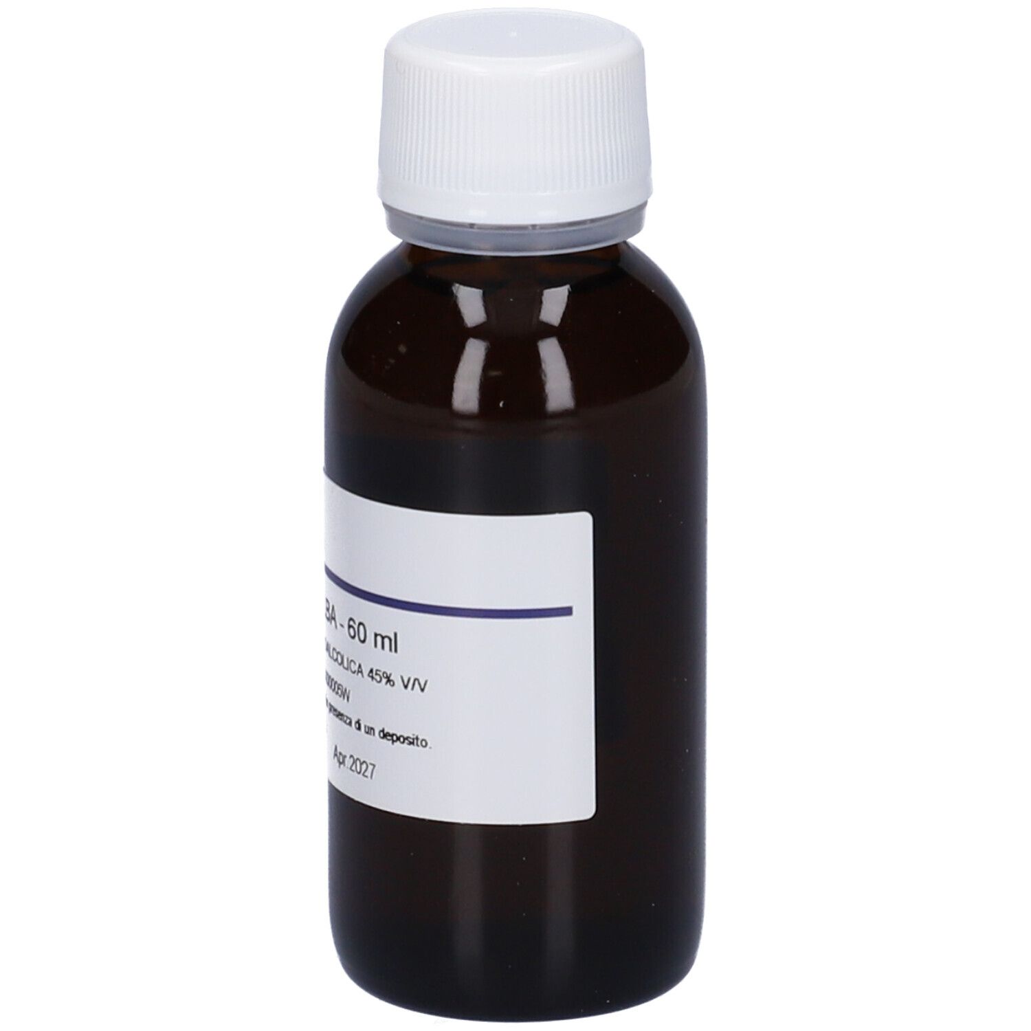Flacone di vetro marrone con tappo bianco ed etichetta. Scritta: Betula Alba, 60 ml.