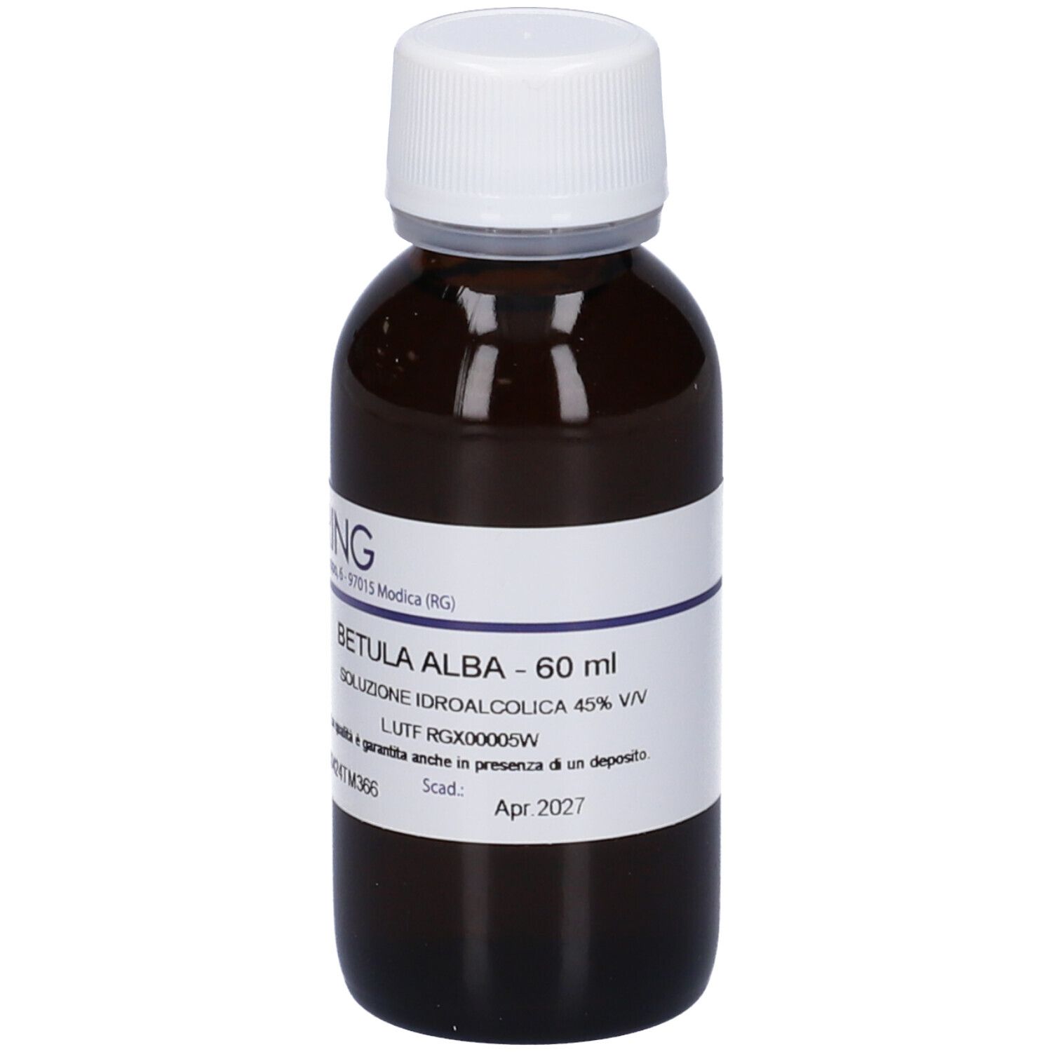 Flacone di vetro marrone con tappo bianco ed etichetta. Scritta: Betula Alba, 60 ml, HERING.
