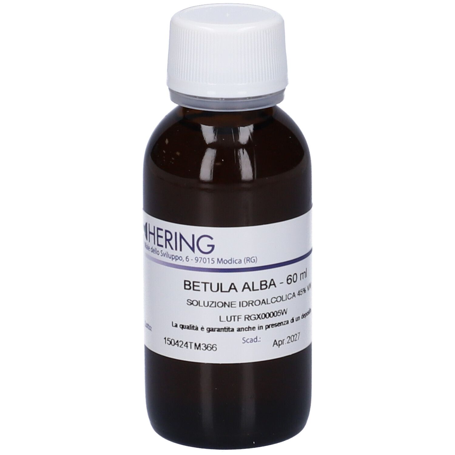 Flacone di vetro marrone con tappo bianco ed etichetta. Scritta: Betula Alba, 60 ml, HERING.