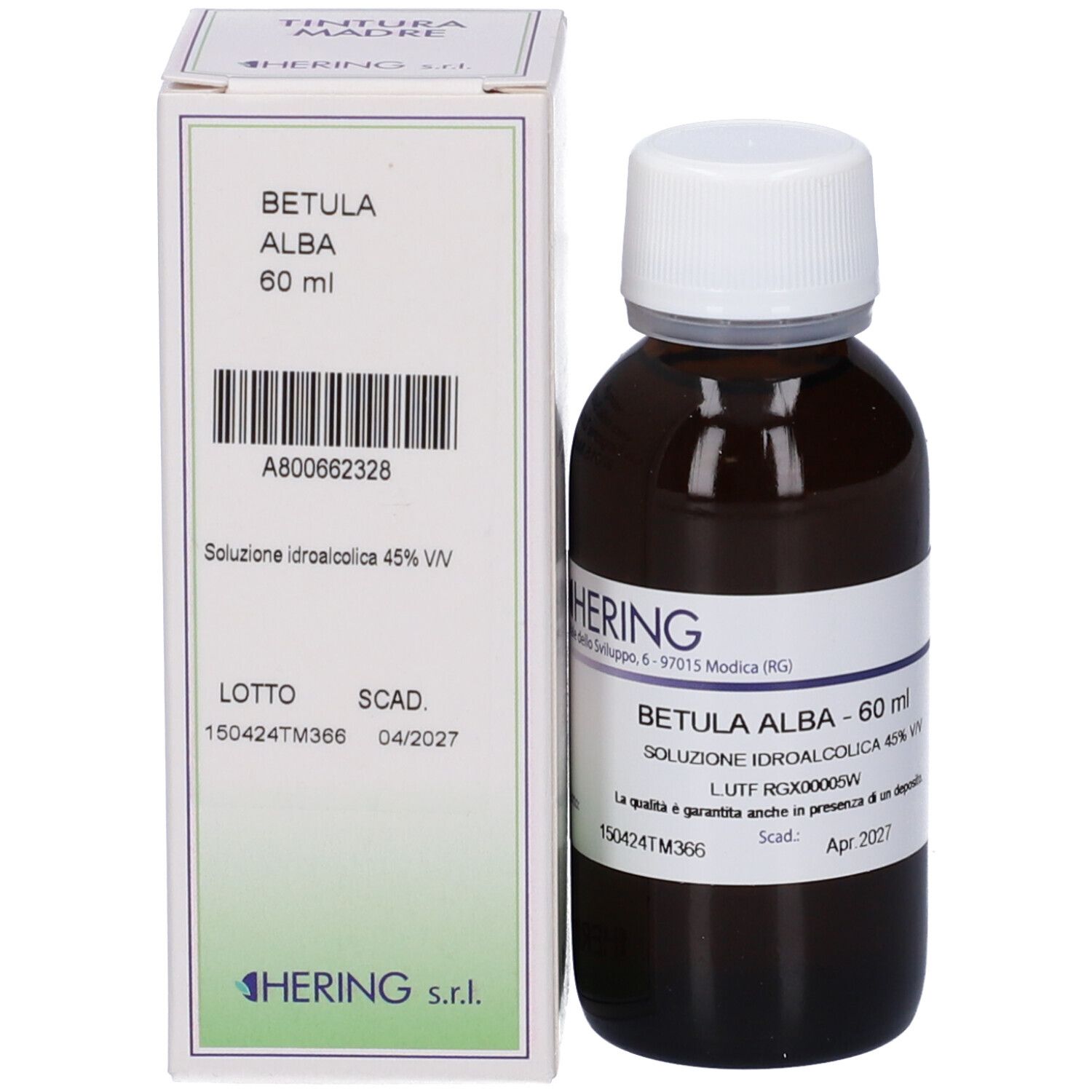Flacone di vetro marrone con tappo bianco e scatola. Scritta: Betula Alba, 60 ml, HERING.