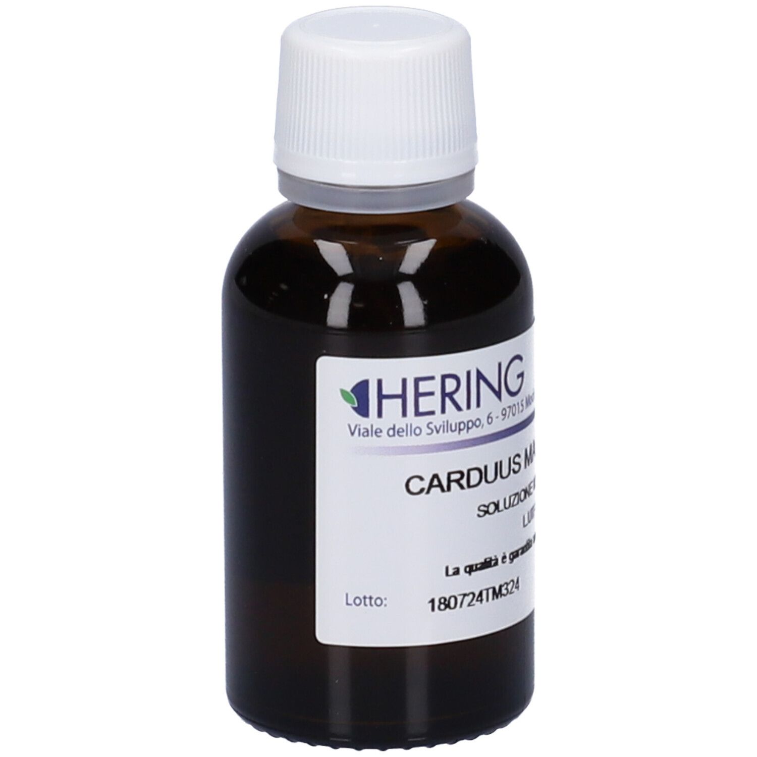 Flacone di vetro marrone con tappo bianco. Etichetta con logo HERING e nome prodotto Carduus Marianus. Flacone con tappo bianco.