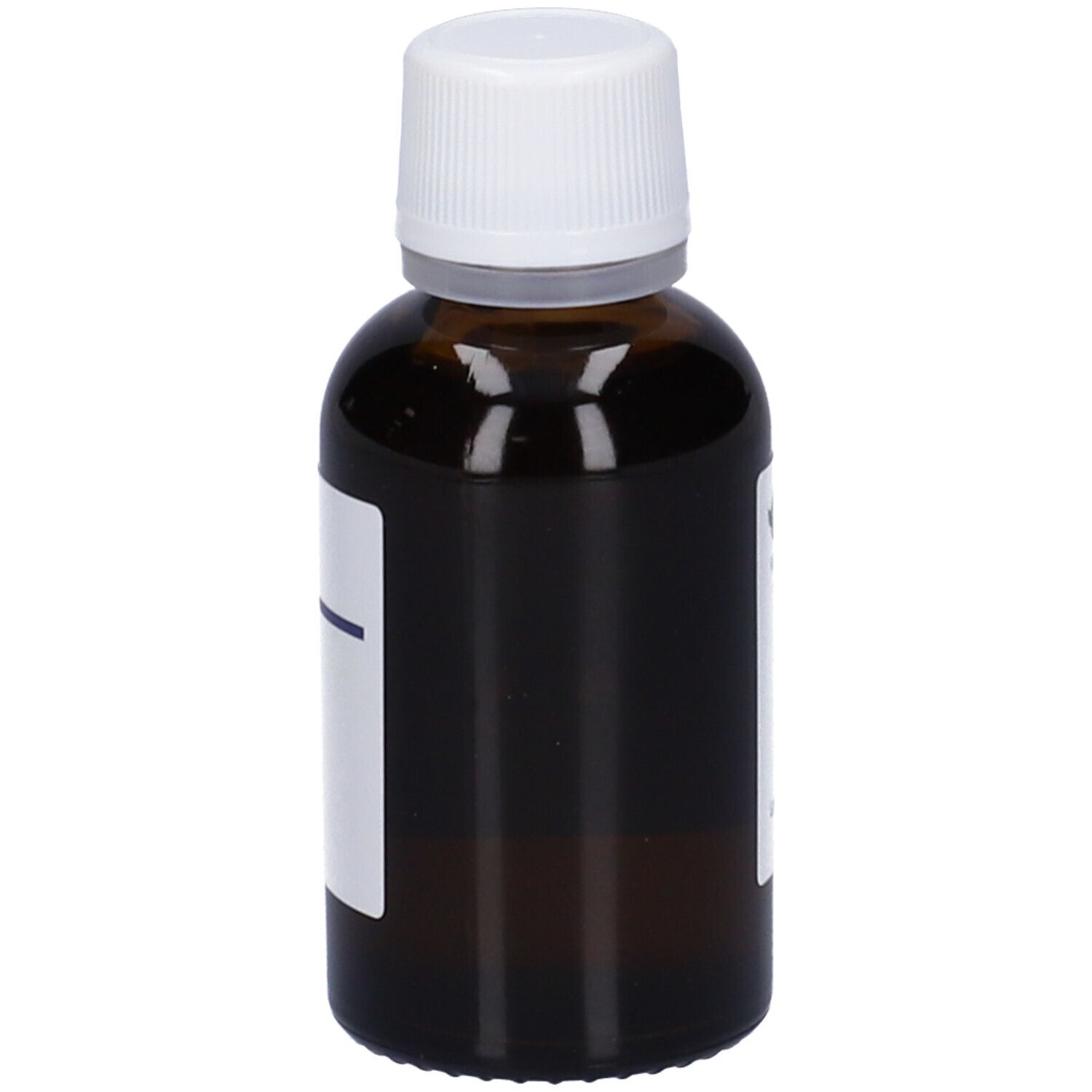 Flacone di vetro marrone con tappo bianco. Etichetta con informazioni sul prodotto. Flacone con tappo bianco.