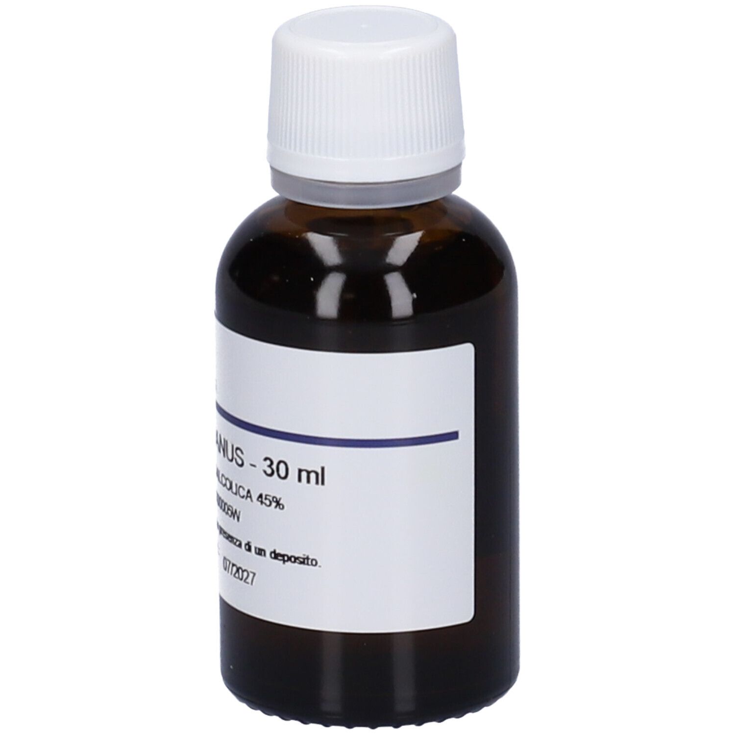 Flacone di vetro marrone con tappo bianco. Etichetta con nome del prodotto e indicazione del volume 30 ml. Flacone con tappo bianco.