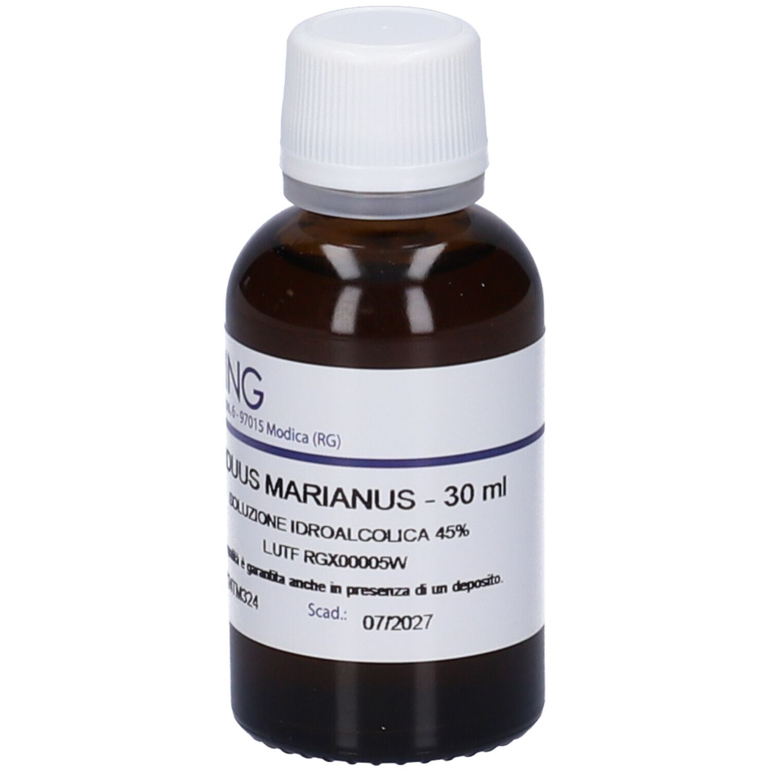 Flacone di vetro marrone con tappo bianco. Etichetta con nome del prodotto, volume 30 ml e data di scadenza 07/2027.