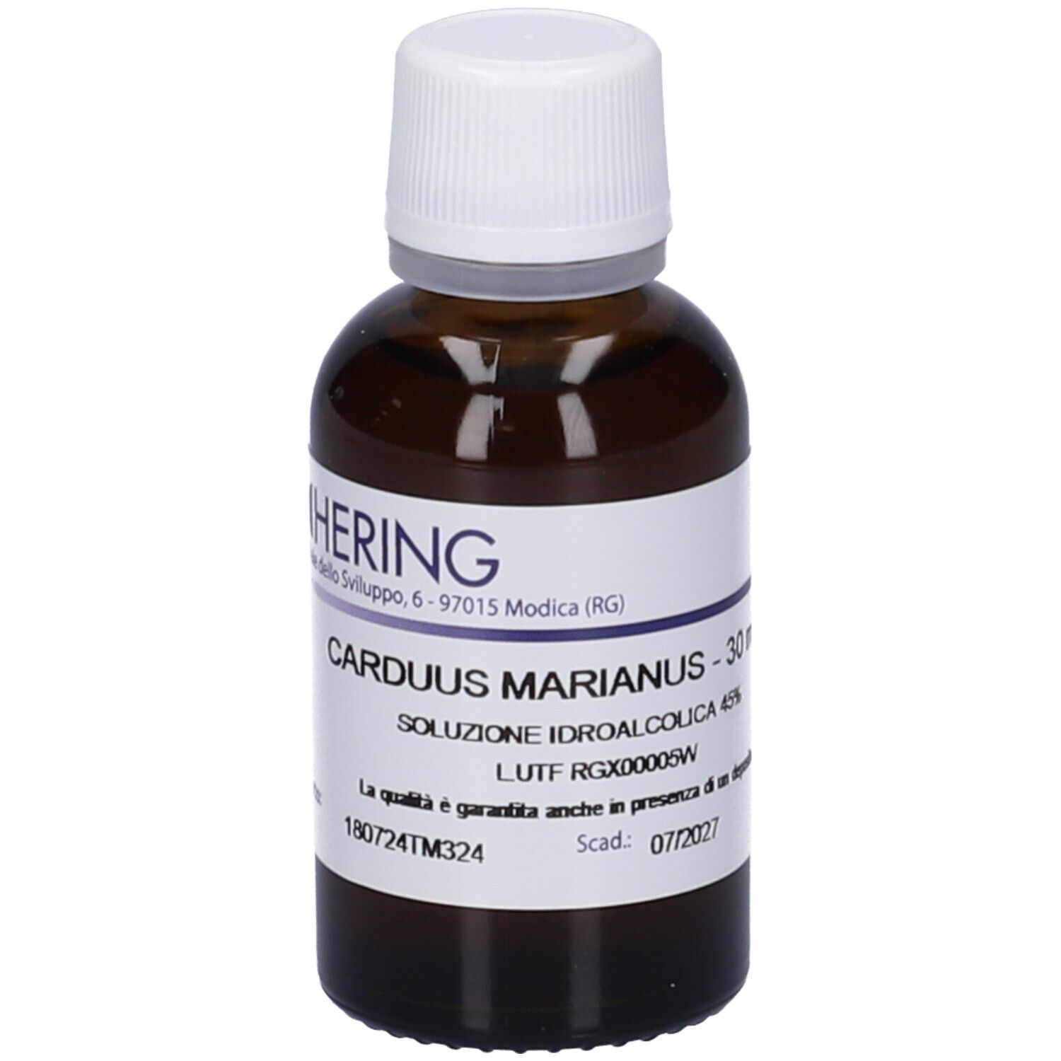 Flacone di vetro marrone con tappo bianco. Etichetta con nome del prodotto, volume 30 ml e data di scadenza 07/2027.