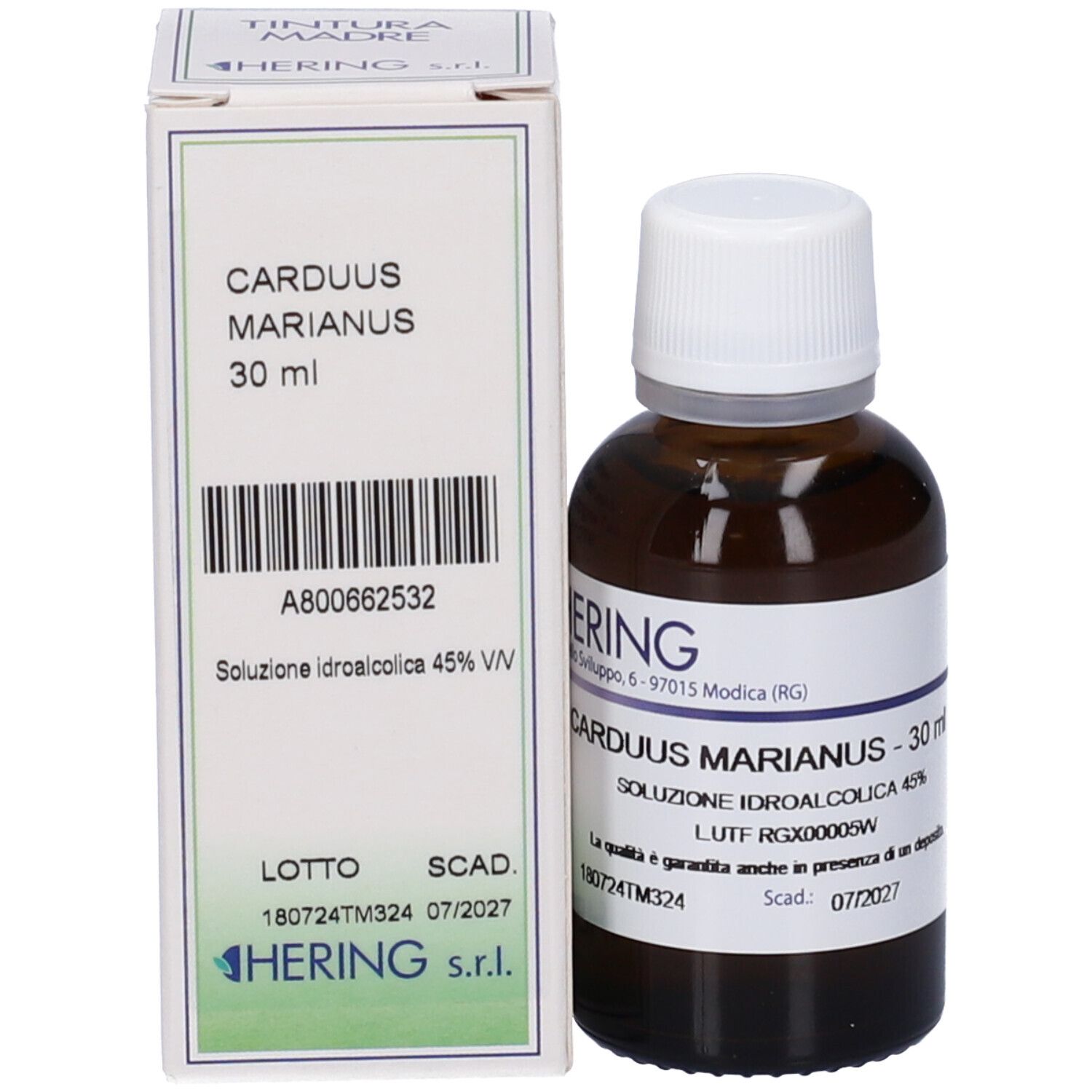 Flacone e confezione del prodotto. Flacone di vetro marrone con tappo bianco e confezione in cartone. Scritta: Carduus Marianus, 30 ml.