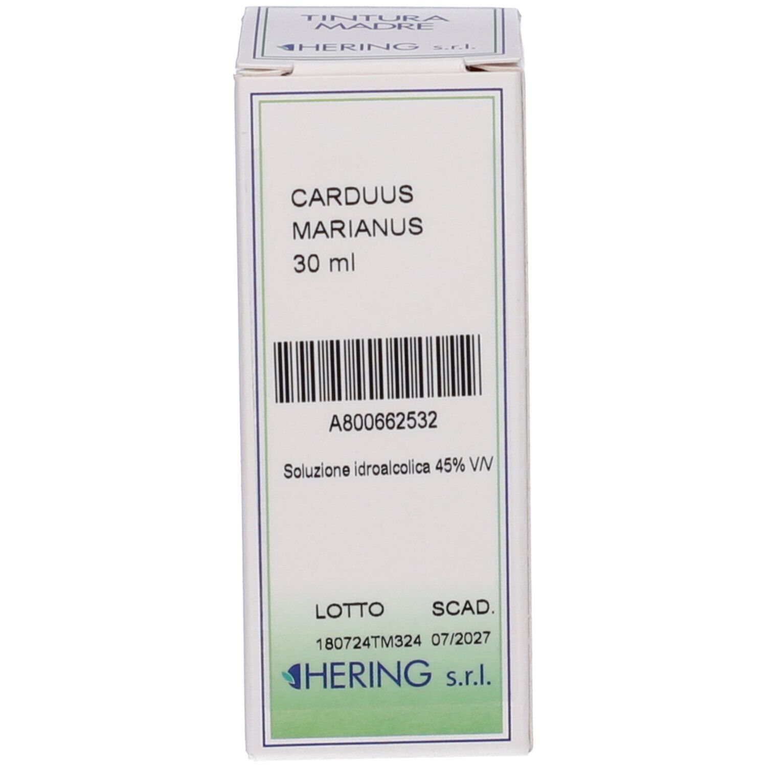 Confezione in cartone con informazioni sul prodotto. Scritta: Carduus Marianus, 30 ml. Codice a barre e data di scadenza 07/2027.
