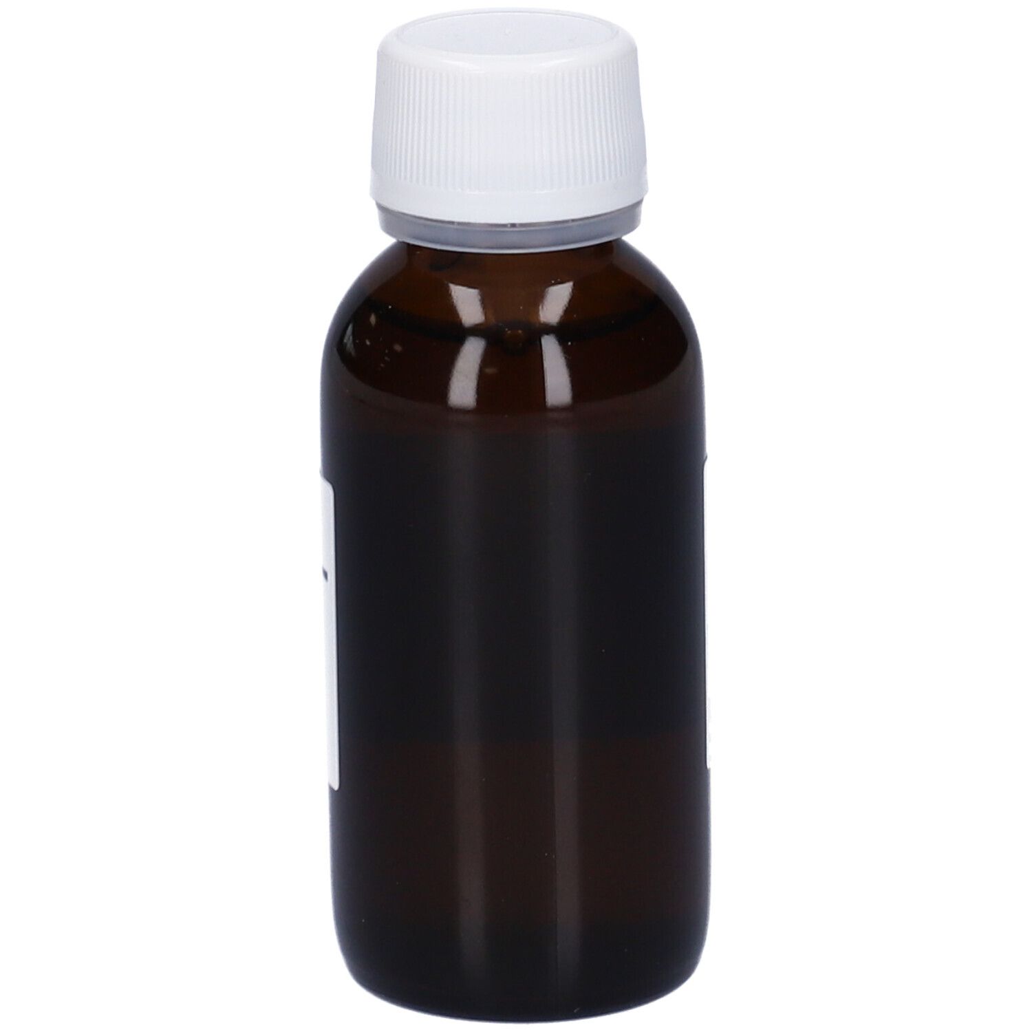 Flacone di vetro marrone con tappo bianco. Etichetta con testo. HERING.