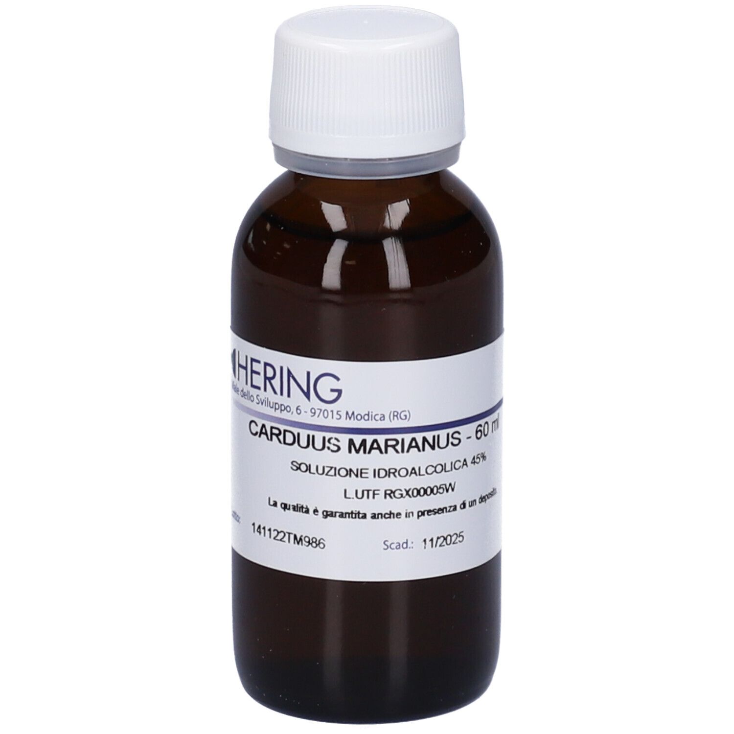 Flacone di vetro marrone con tappo bianco. Etichetta con testo: CARDUUS MARIANUS, 60 ml, soluzione. HERING.