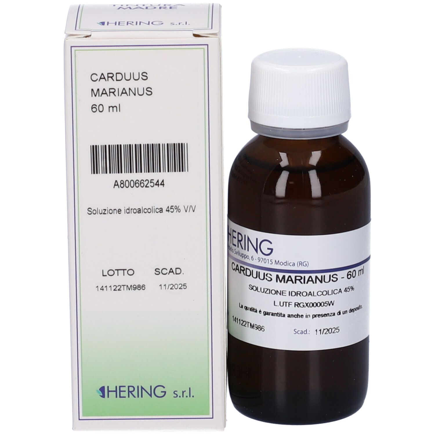 Flacone di vetro marrone e scatola. Scatola con testo: CARDUUS MARIANUS, 60 ml. HERING.