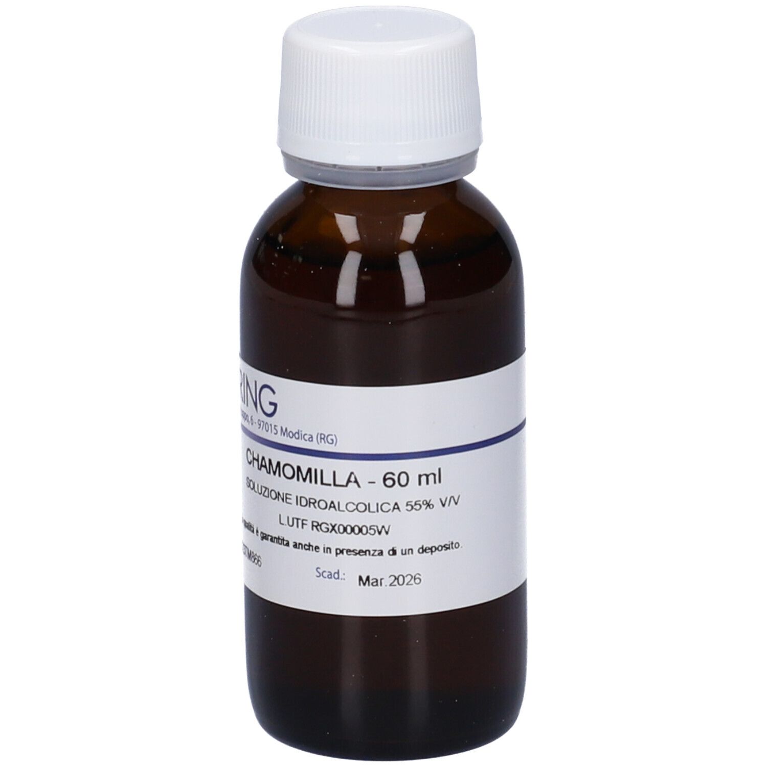 Flacone di vetro marrone con tappo bianco. Etichetta con nome del prodotto e informazioni. Logo HERING.