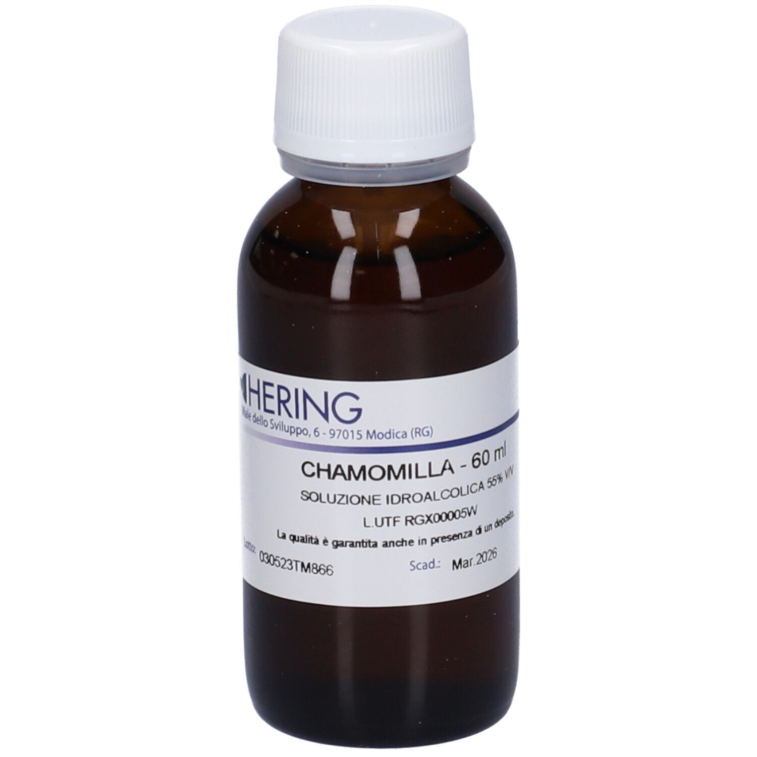 Flacone di vetro marrone con tappo bianco. Etichetta con nome del prodotto e informazioni. Logo HERING.