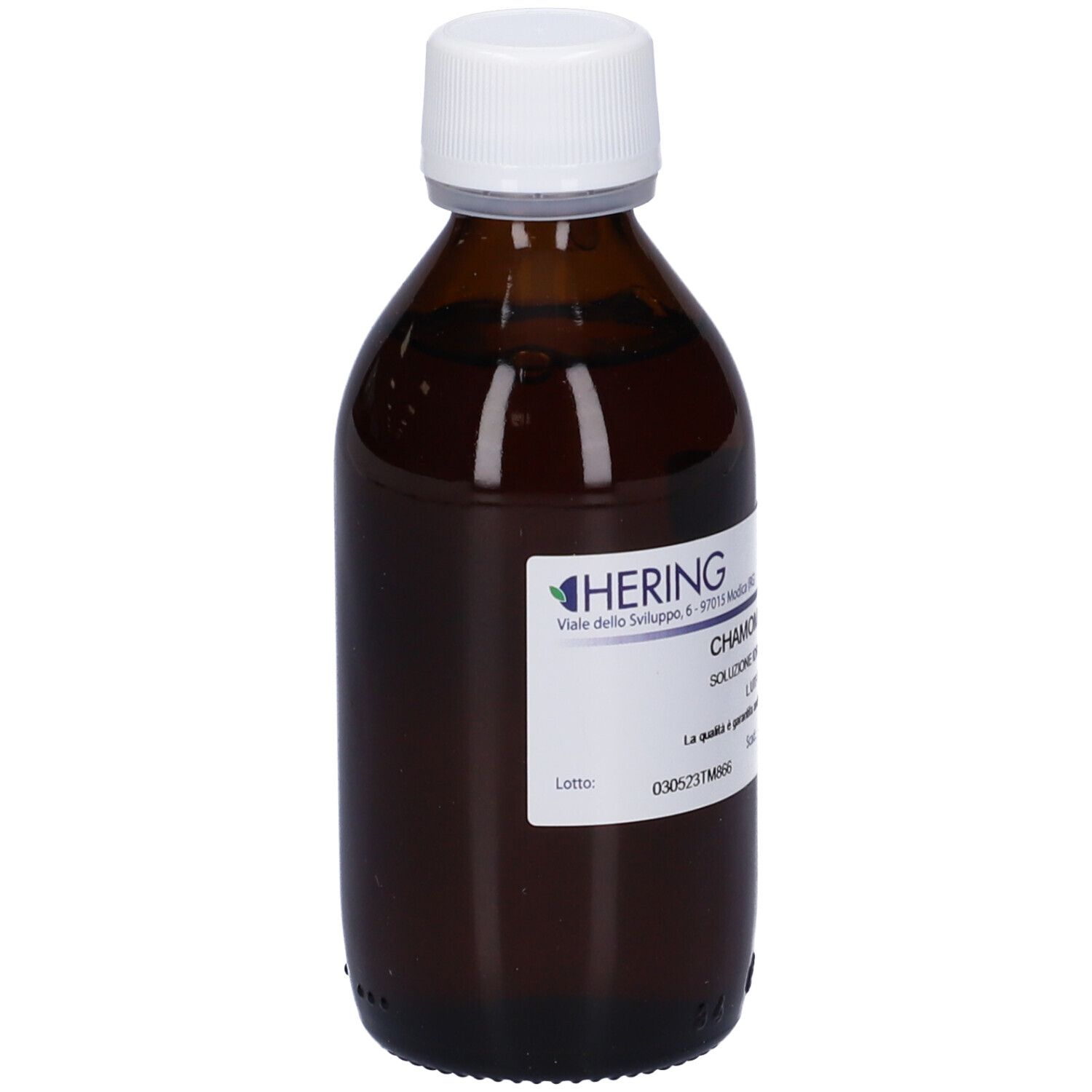 Flacone di vetro marrone con tappo bianco ed etichetta. Logo HERING e testo sull'etichetta.