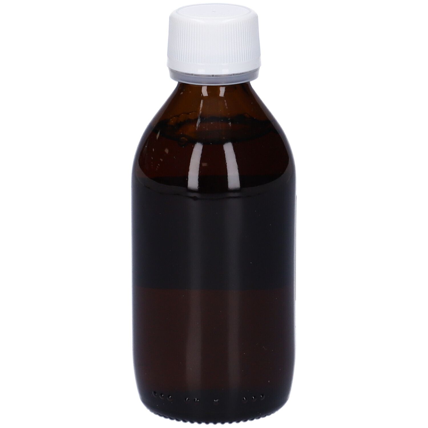 Flacone di vetro marrone con tappo bianco. Liquido visibile. Nessuna altra scritta.