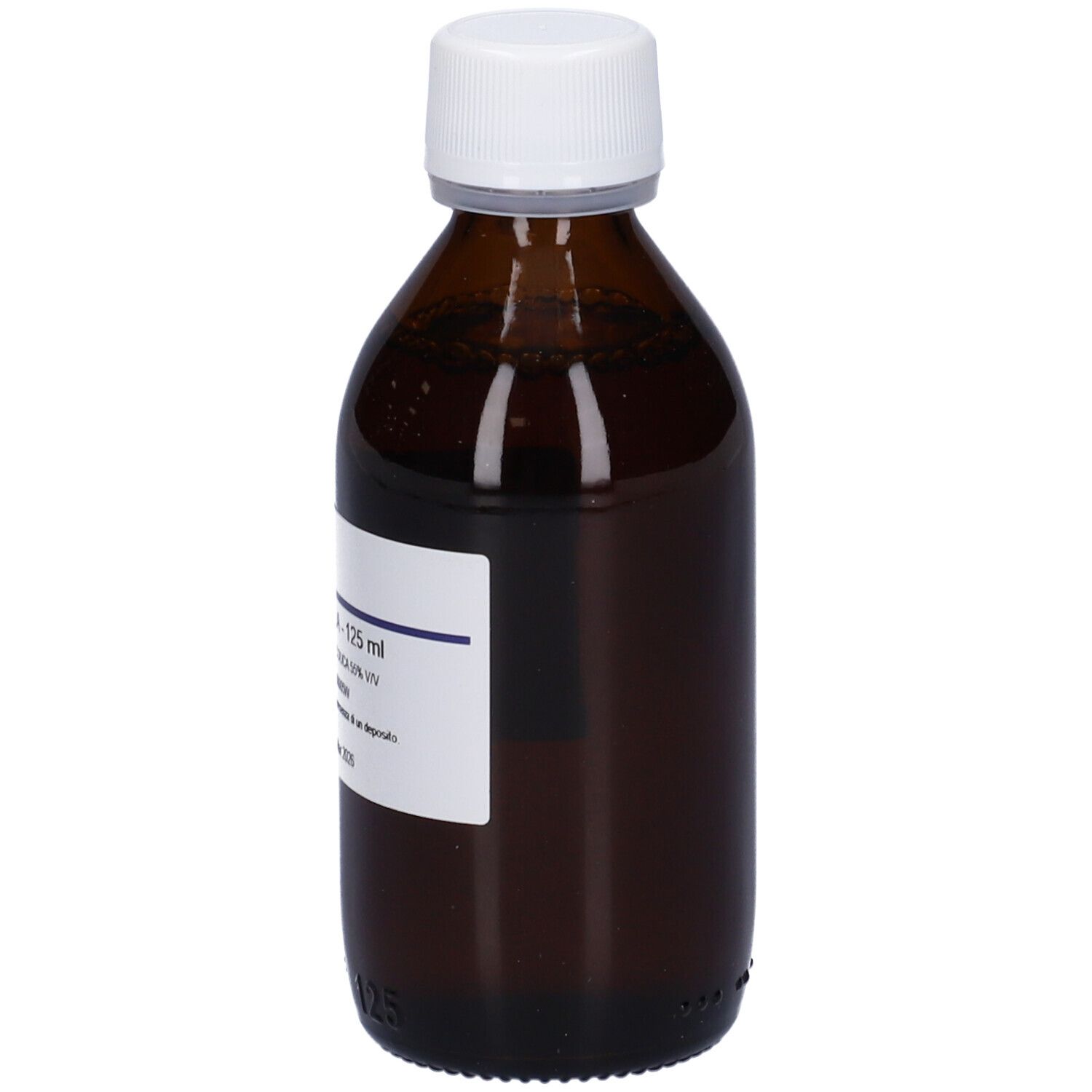 Flacone di vetro marrone con tappo bianco ed etichetta. Scritta: CHAMOMILLA - 125 ml.