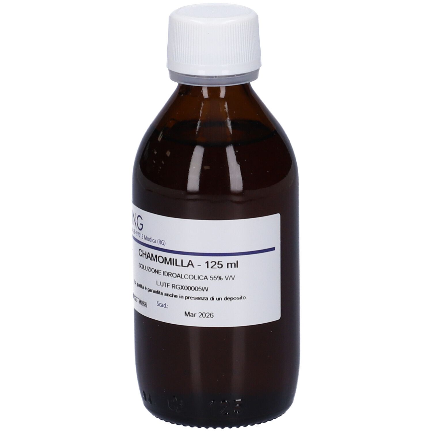 Flacone di vetro marrone con tappo bianco ed etichetta. Scritta: CHAMOMILLA - 125 ml, HERING.