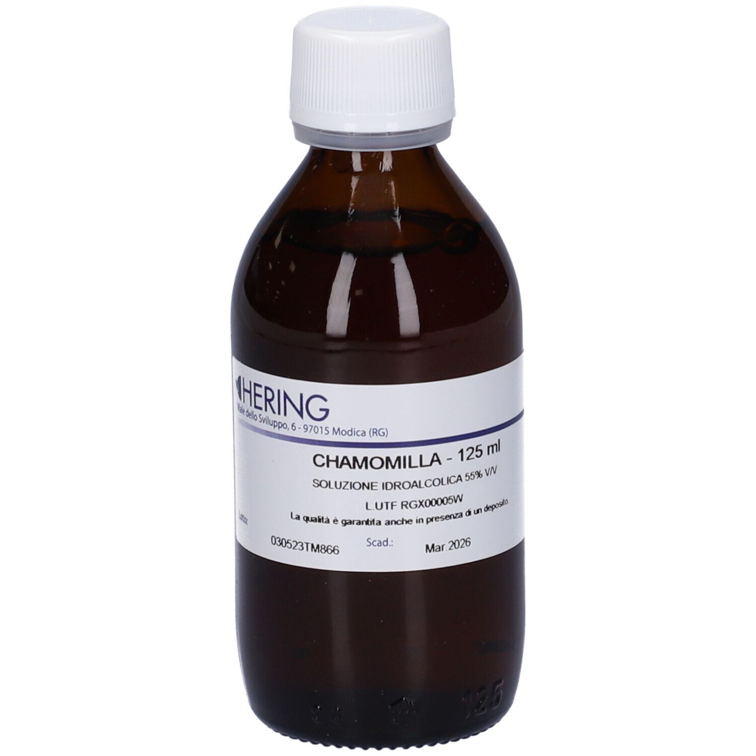 Flacone di vetro marrone con tappo bianco ed etichetta. Scritta: CHAMOMILLA - 125 ml, HERING.