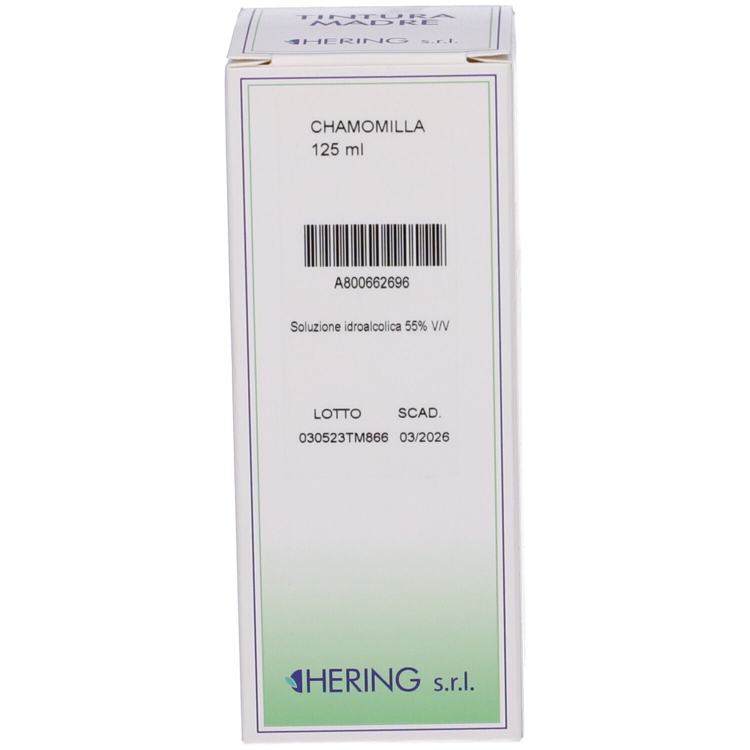 Scatola con scritta: CHAMOMILLA 125 ml, HERING. Scatola bianca con testo blu.