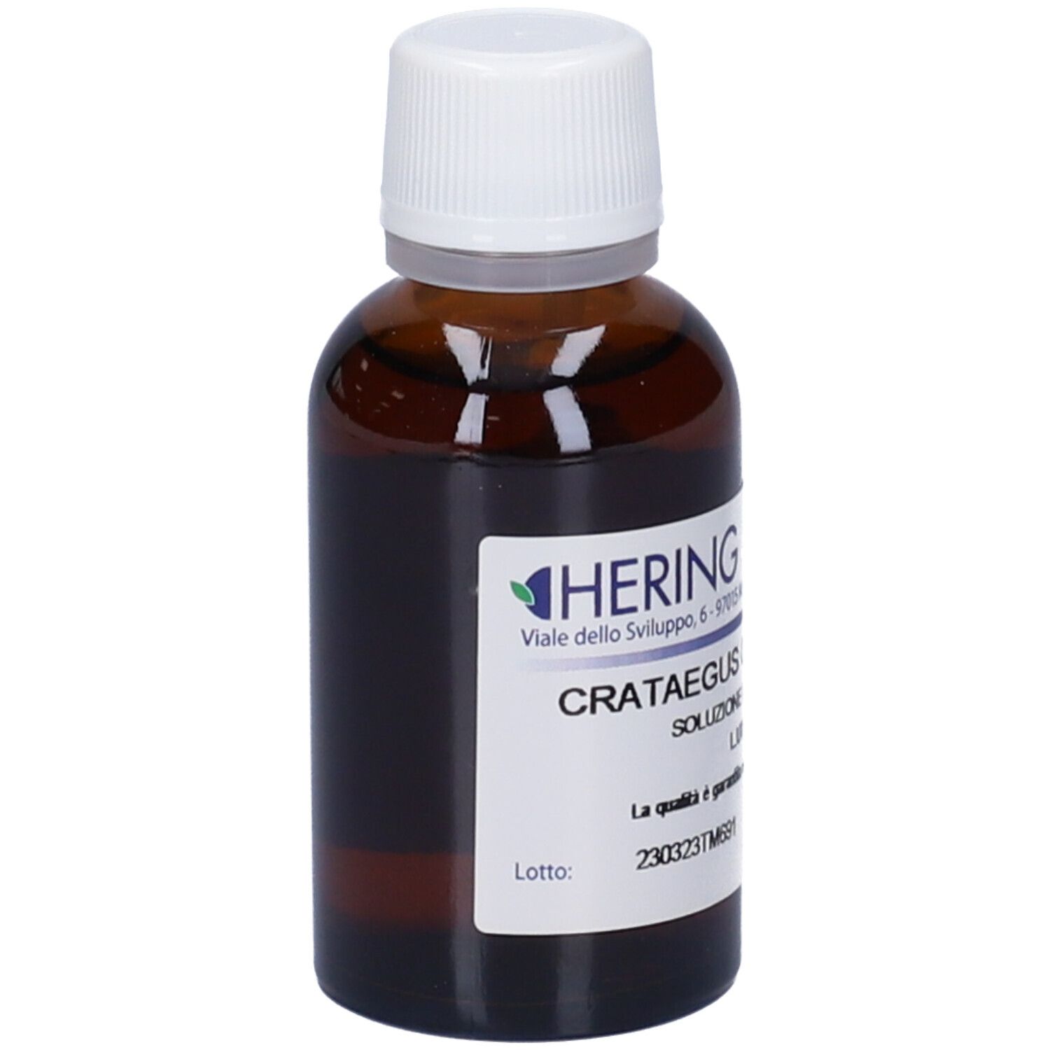 Flacone di vetro marrone con tappo bianco ed etichetta. L'etichetta riporta HERING e Crataegus.