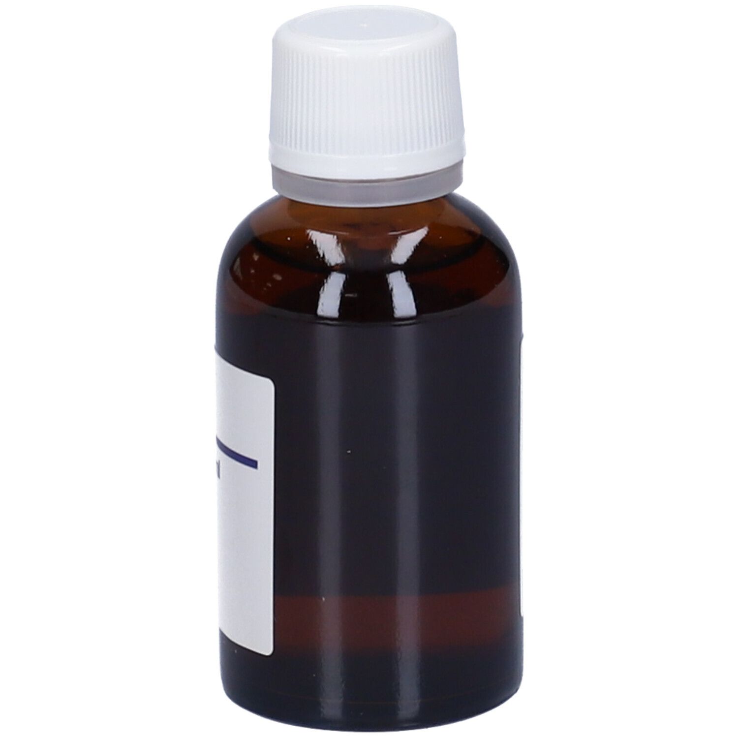 Flacone di vetro marrone con tappo bianco. L'etichetta è parzialmente visibile.