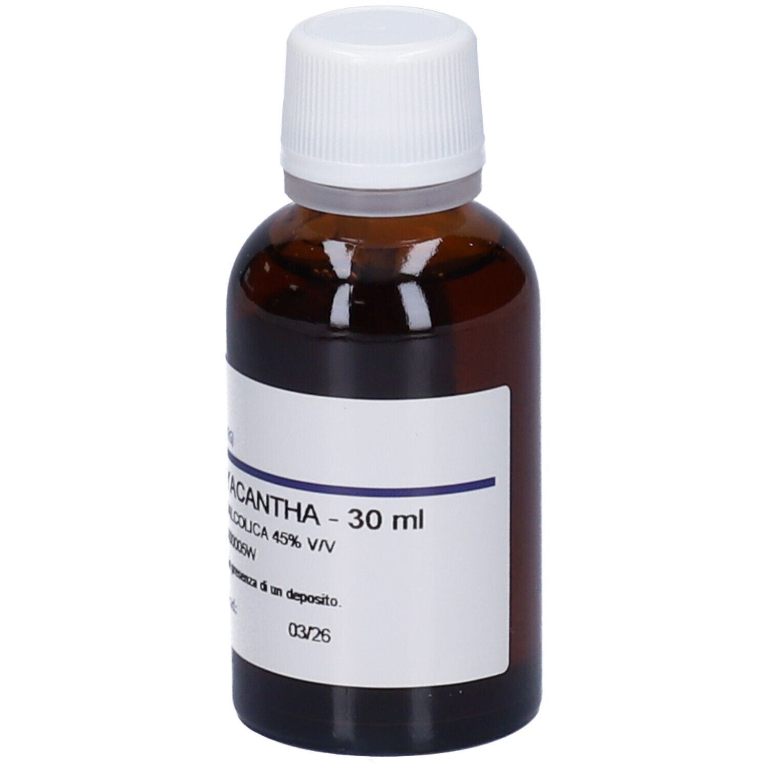 Flacone di vetro marrone con tappo bianco ed etichetta. L'etichetta riporta Crataegus Oxyacantha - 30 ml.