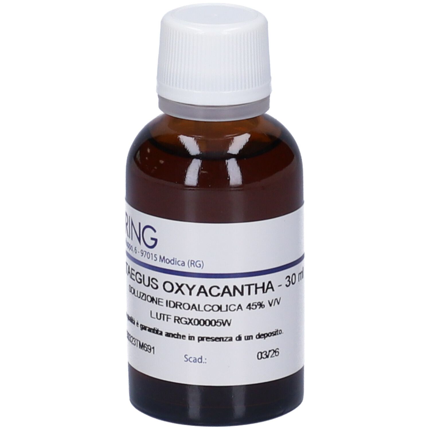 Flacone di vetro marrone con tappo bianco ed etichetta. L'etichetta riporta Crataegus Oxyacantha - 30 ml.