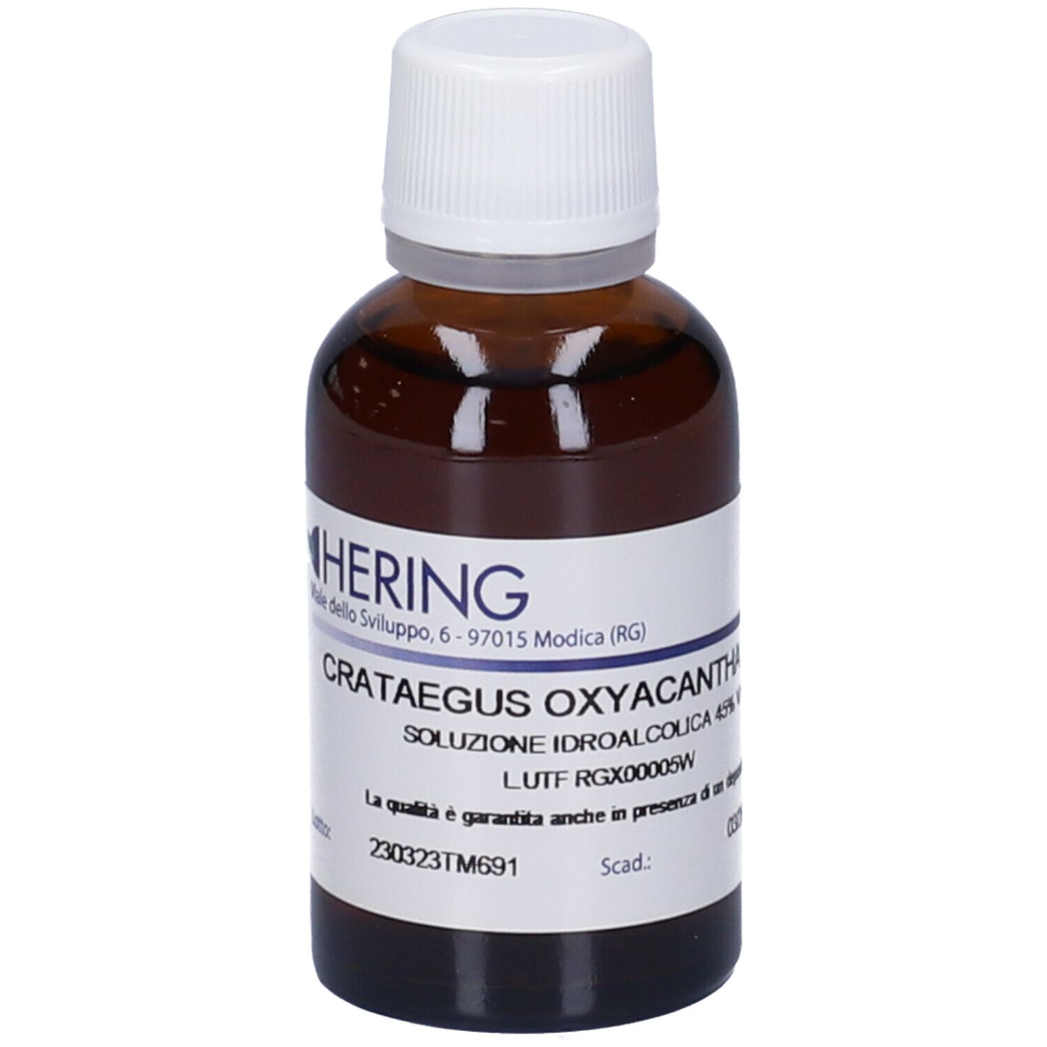 Flacone di vetro marrone con tappo bianco ed etichetta. L'etichetta riporta HERING e Crataegus Oxyacantha.