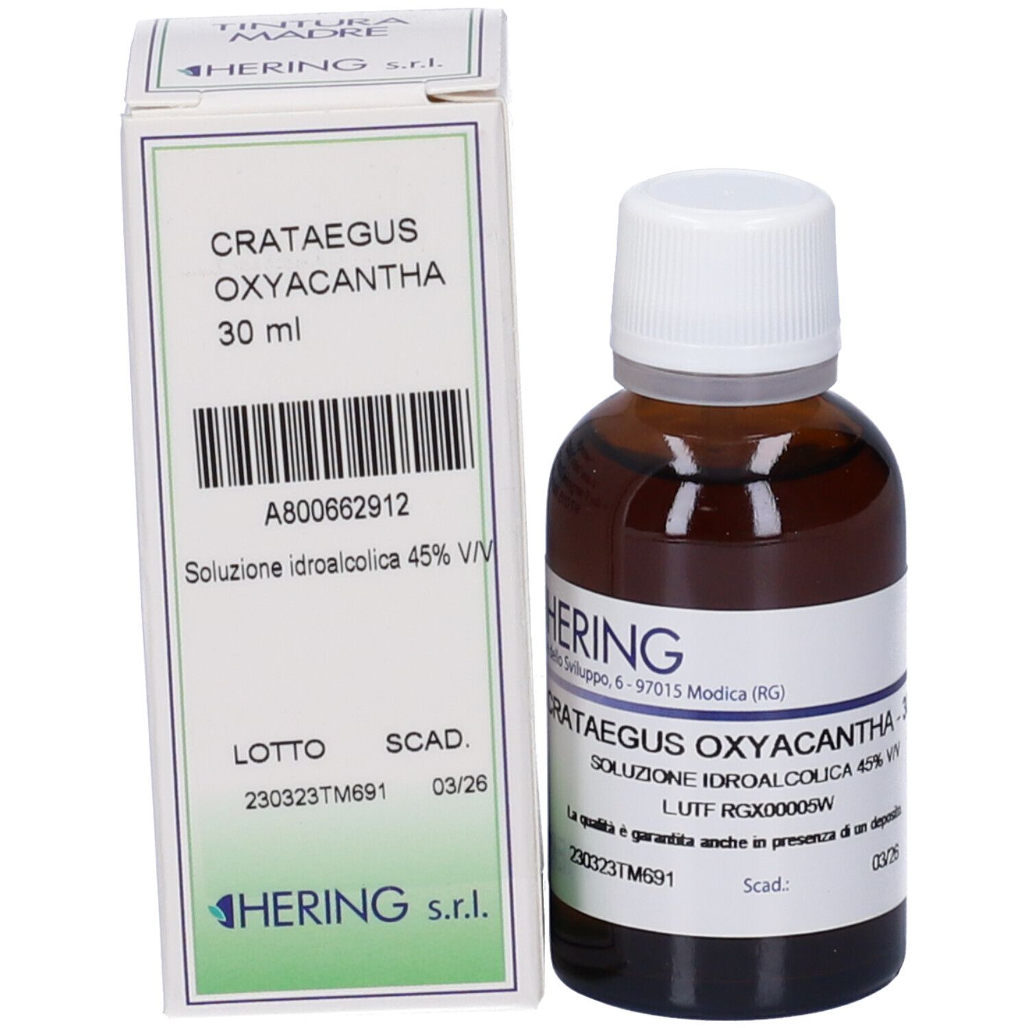 Flacone di vetro marrone con tappo bianco e scatola. L'etichetta e la scatola riportano Crataegus Oxyacantha 30 ml.
