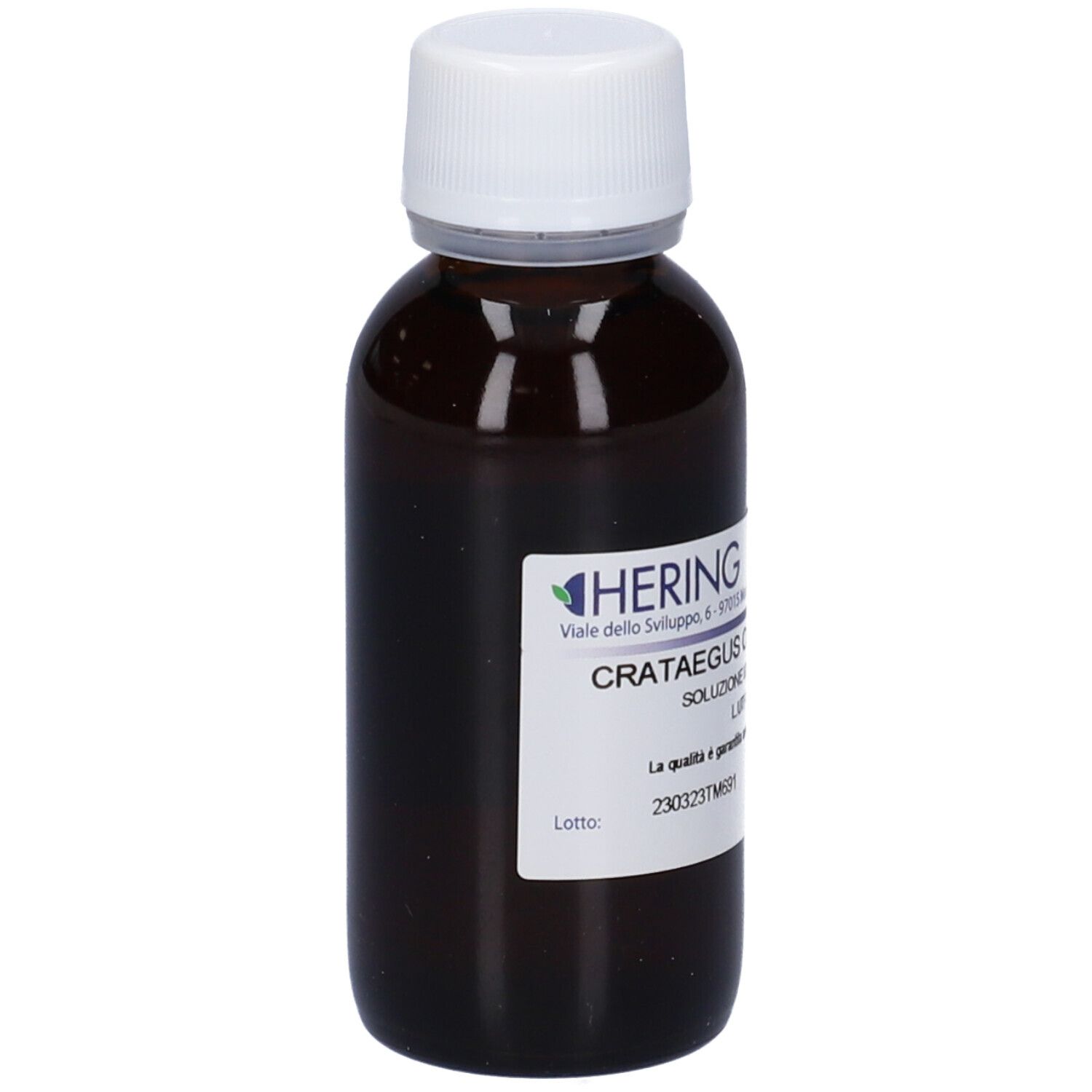 Flacone di vetro marrone con tappo bianco ed etichetta. Scritta: HERING, Crataegus Oxyacantha, Soluzione.