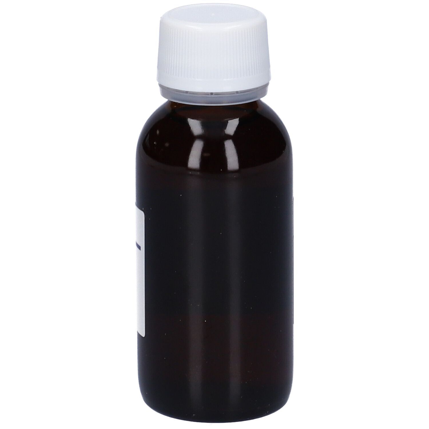 Flacone di vetro marrone con tappo bianco ed etichetta. Etichetta con testo.