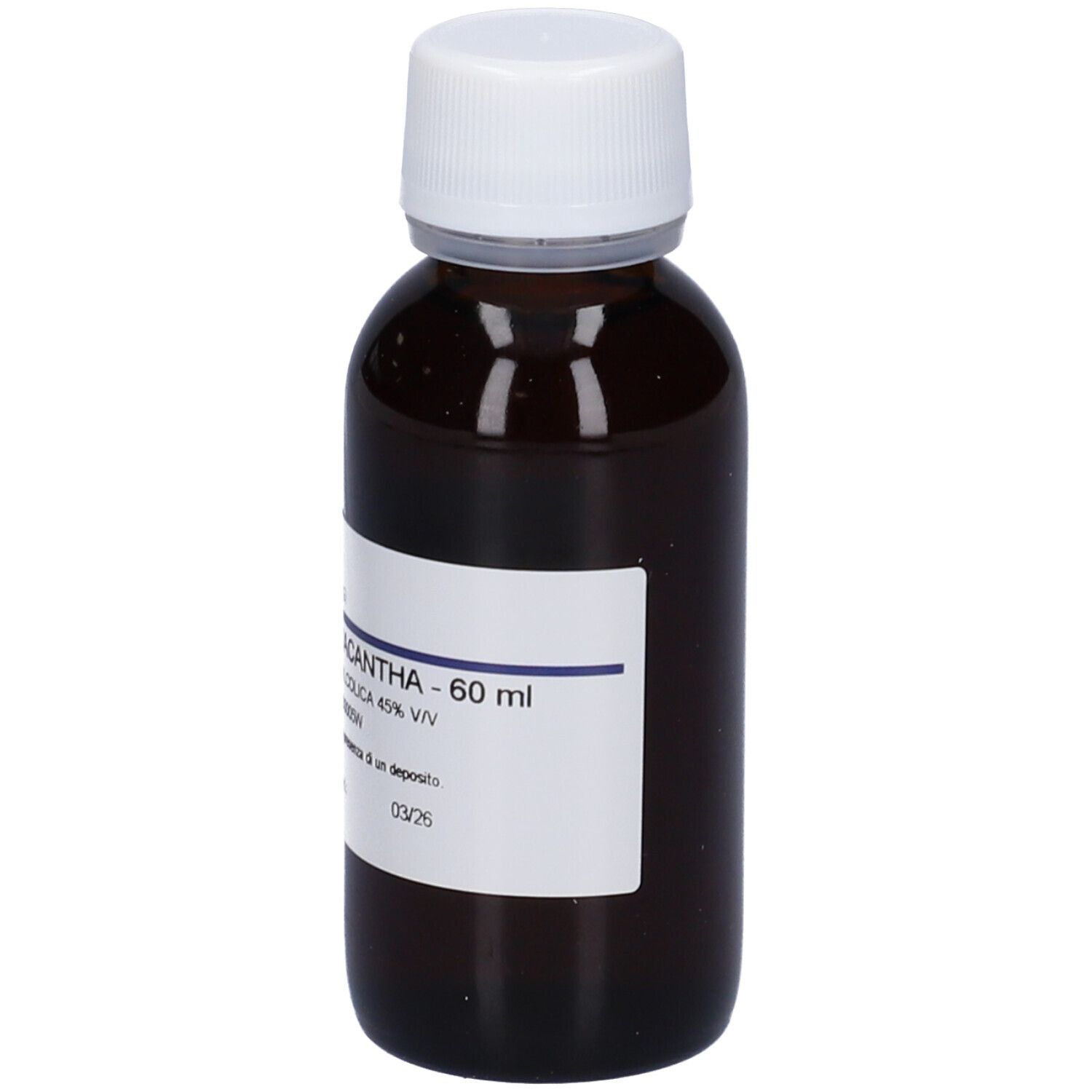 Flacone di vetro marrone con tappo bianco ed etichetta. Scritta: Crataegus Oxyacantha - 60 ml.