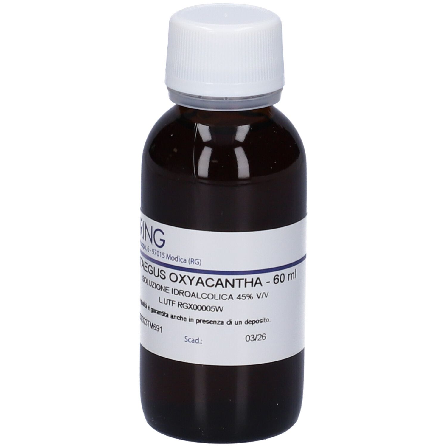 Flacone di vetro marrone con tappo bianco ed etichetta. Scritta: Crataegus Oxyacantha - 60 ml.
