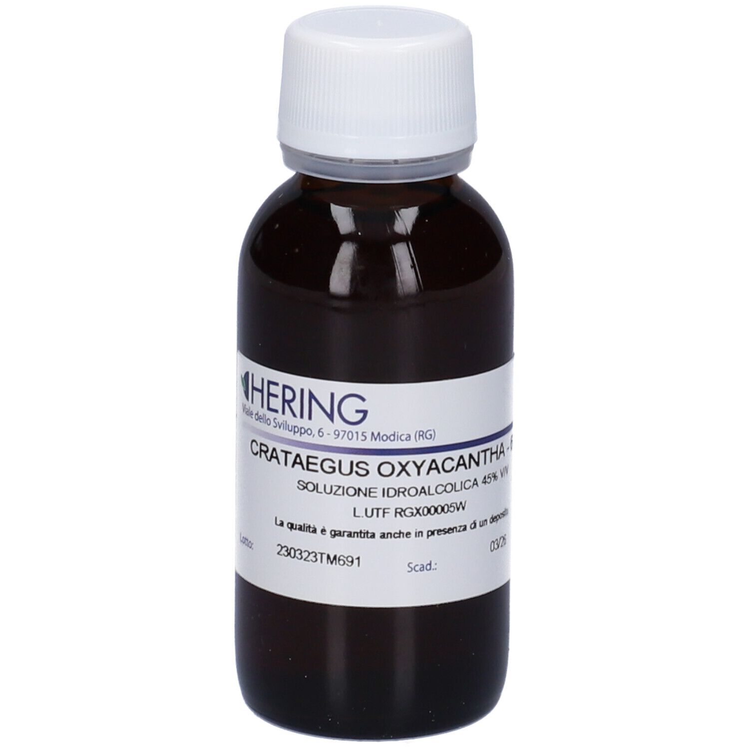 Flacone di vetro marrone con tappo bianco ed etichetta. Scritta: Crataegus Oxyacantha - 60 ml.