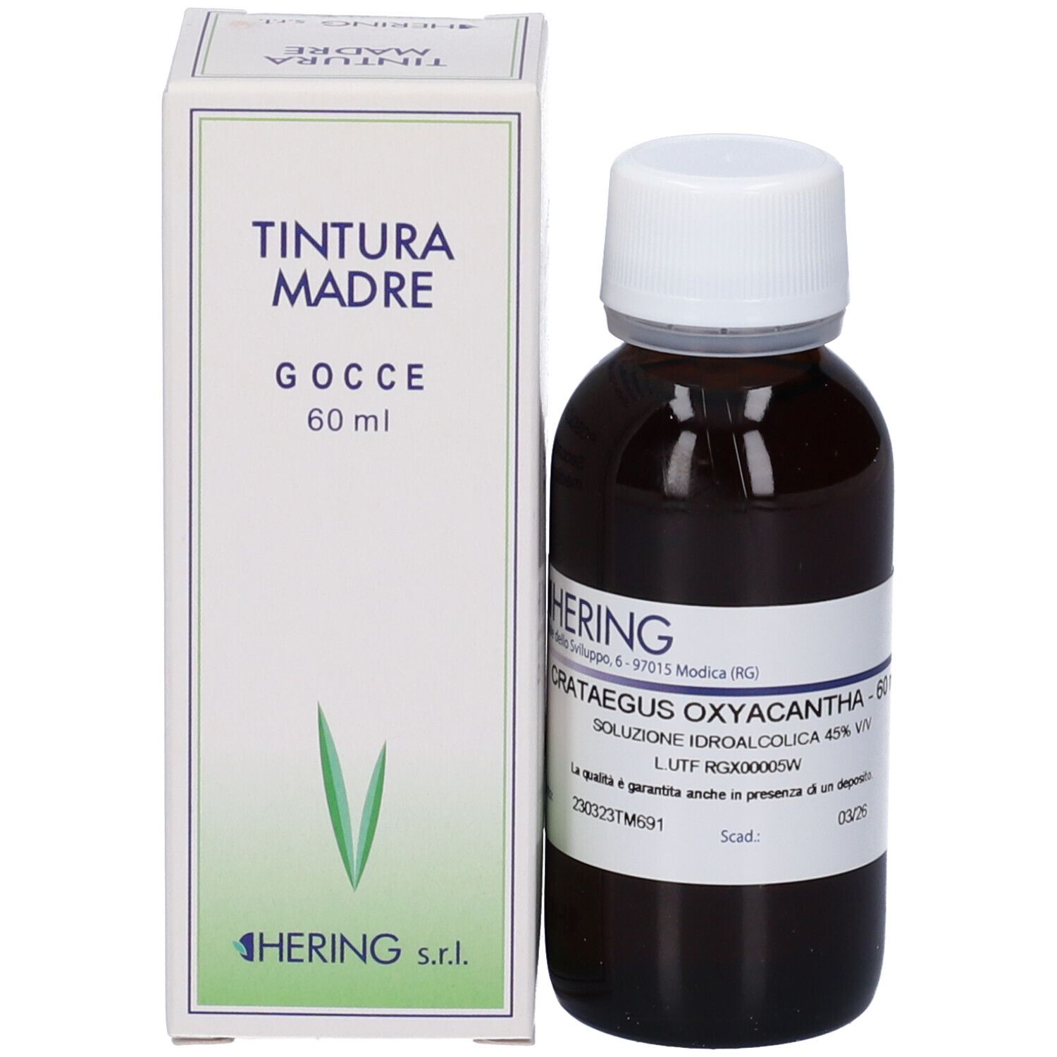 Flacone di vetro marrone con tappo bianco e scatola. Scritta: TINTURA MADRE, Gocce, 60 ml.