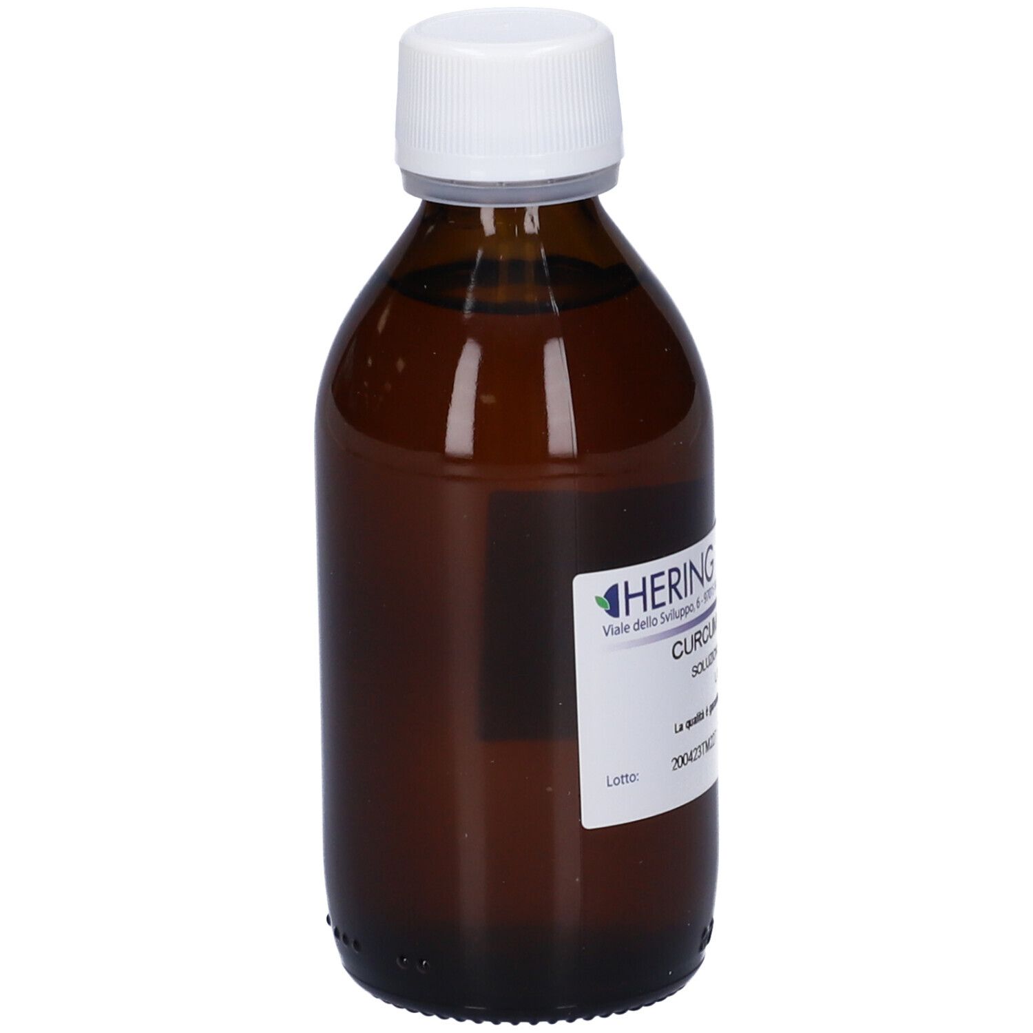 Flacone di vetro marrone con tappo bianco. Etichetta con testo: CURCUMA LONGA, 125 ml, HERING. Soluzione.