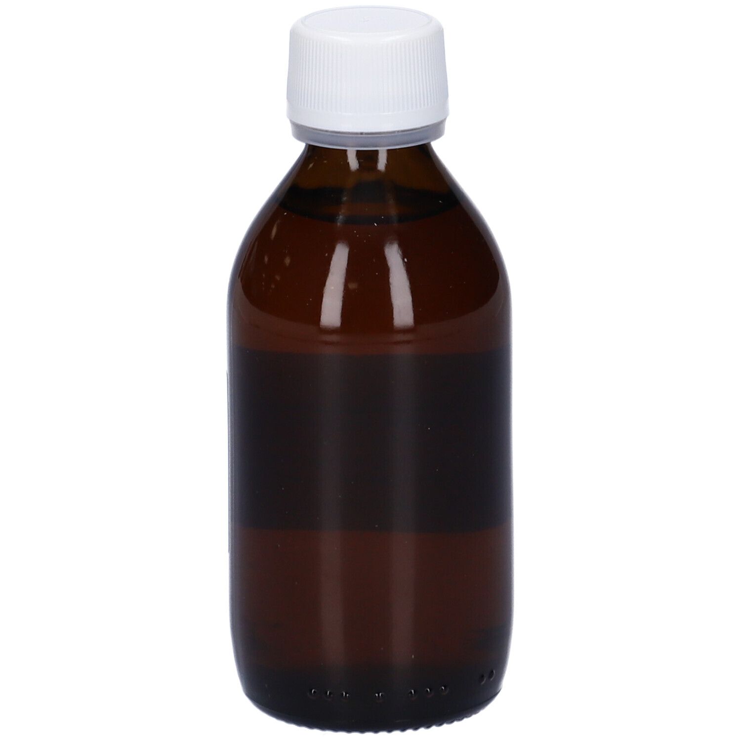 Flacone di vetro marrone con tappo bianco. Liquido visibile. Nessuna etichetta o testo visibile.