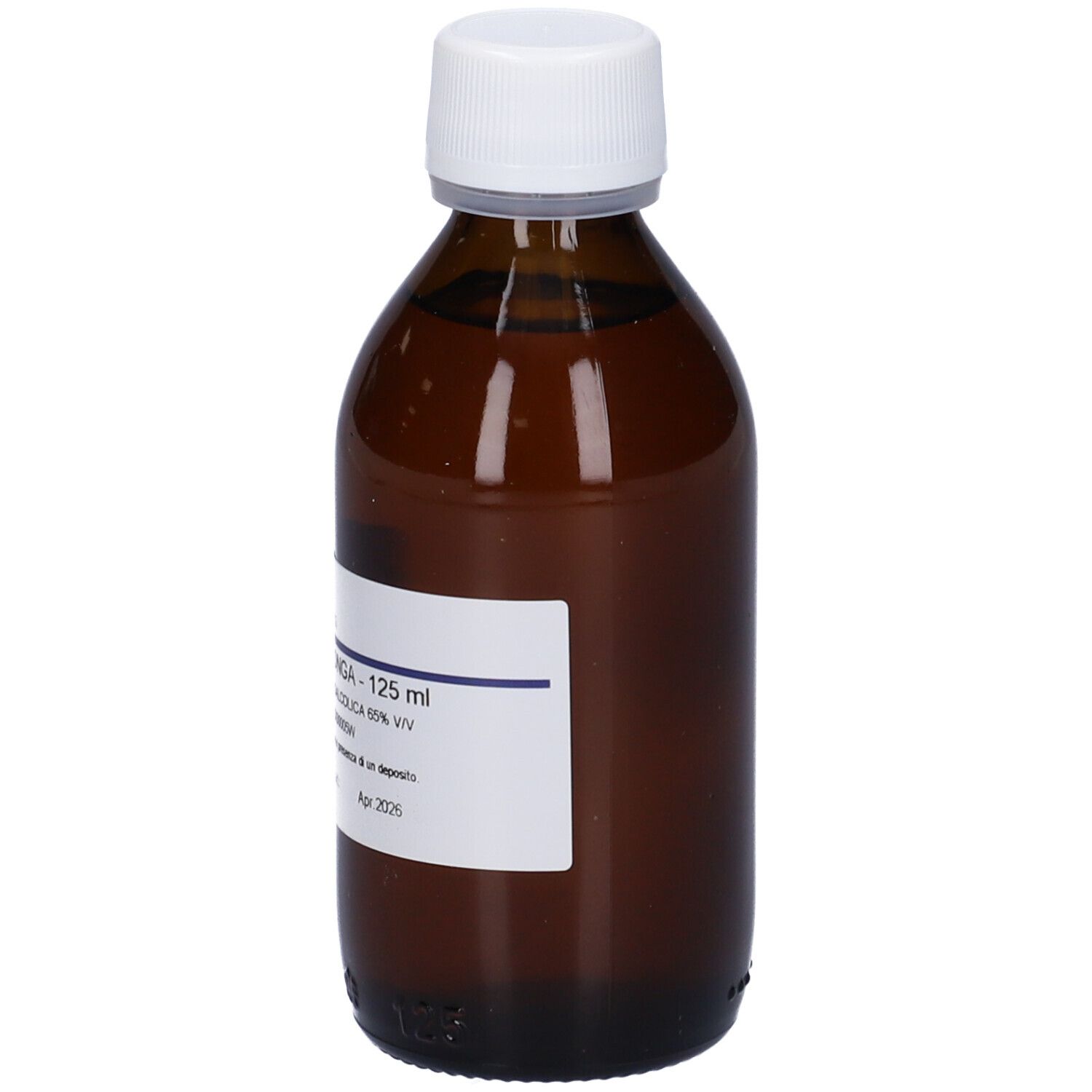 Flacone di vetro marrone con tappo bianco. Etichetta con testo: CURCUMA LONGA, 125 ml, HERING. Soluzione.