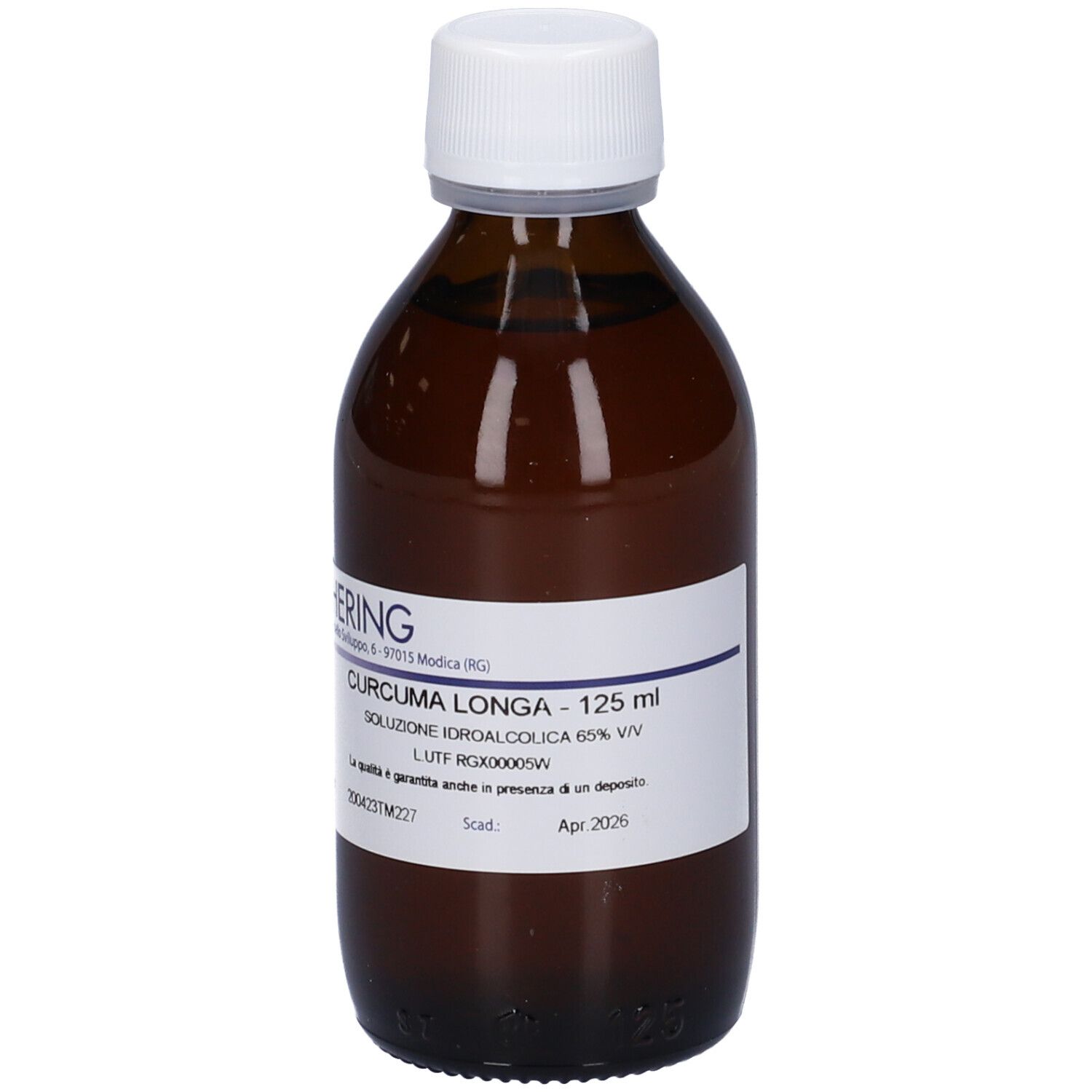 Flacone di vetro marrone con tappo bianco. Etichetta con testo: CURCUMA LONGA, 125 ml, HERING. Soluzione.