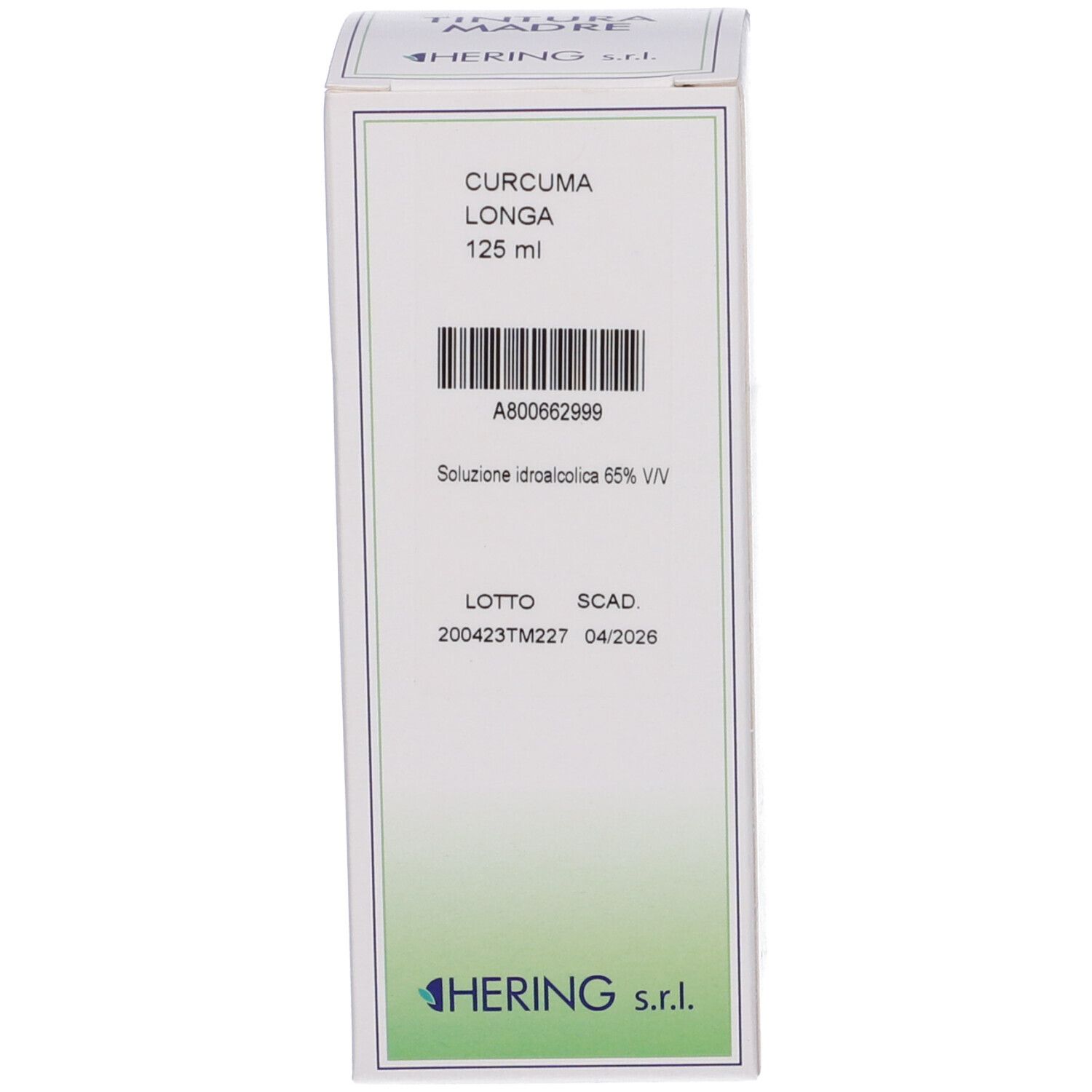 Scatola con testo: CURCUMA LONGA, 125 ml, HERING. Sfondo bianco. Testo e logo.