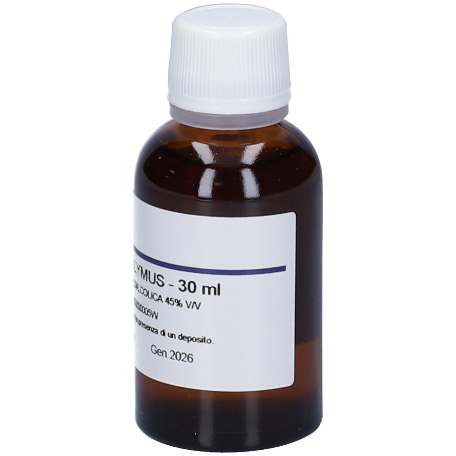 Flacone in vetro ambrato con tappo a vite bianco, etichetta con informazioni sul prodotto, 30 ml.