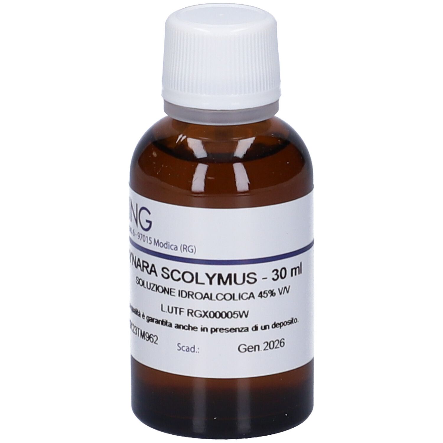 Flacone in vetro ambrato con tappo a vite bianco, etichetta con informazioni sul prodotto, 30 ml.